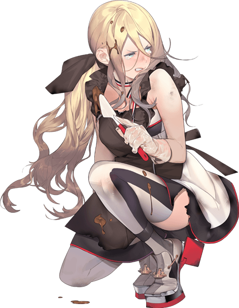 1girl akira_(kadokawa) apron black_apron blonde_hair blue_eyes burnt_clothes chocolate gloves holding kantai_collection kneeling long_hair looking_at_another mole mole_under_mouth multicolored multicolored_clothes multicolored_legwear official_art richelieu_(kantai_collection) simple_background solo tears thigh-highs transparent_background white_background