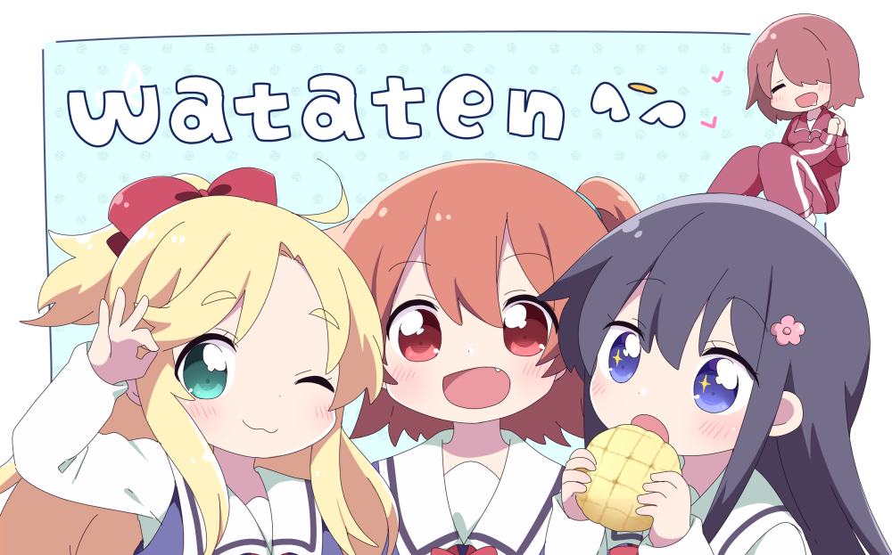 4girls :3 :d black_hair blonde_hair blue_eyes blush bow bread closed_eyes commentary copyright_name drooling eating eyebrows_visible_through_hair fang flower food green_eyes hair_bow hair_flower hair_ornament hair_over_one_eye himesaka_noa holding holding_food hoshino_hinata hoshino_miyako_(wataten) jacket long_hair multiple_girls ok_sign one_eye_closed open_mouth orange_eyes orange_hair pants ponytail school_uniform shirosaki_hana short_hair side_ponytail smile track_jacket track_pants track_suit watashi_ni_tenshi_ga_maiorita! yasakana_tooi