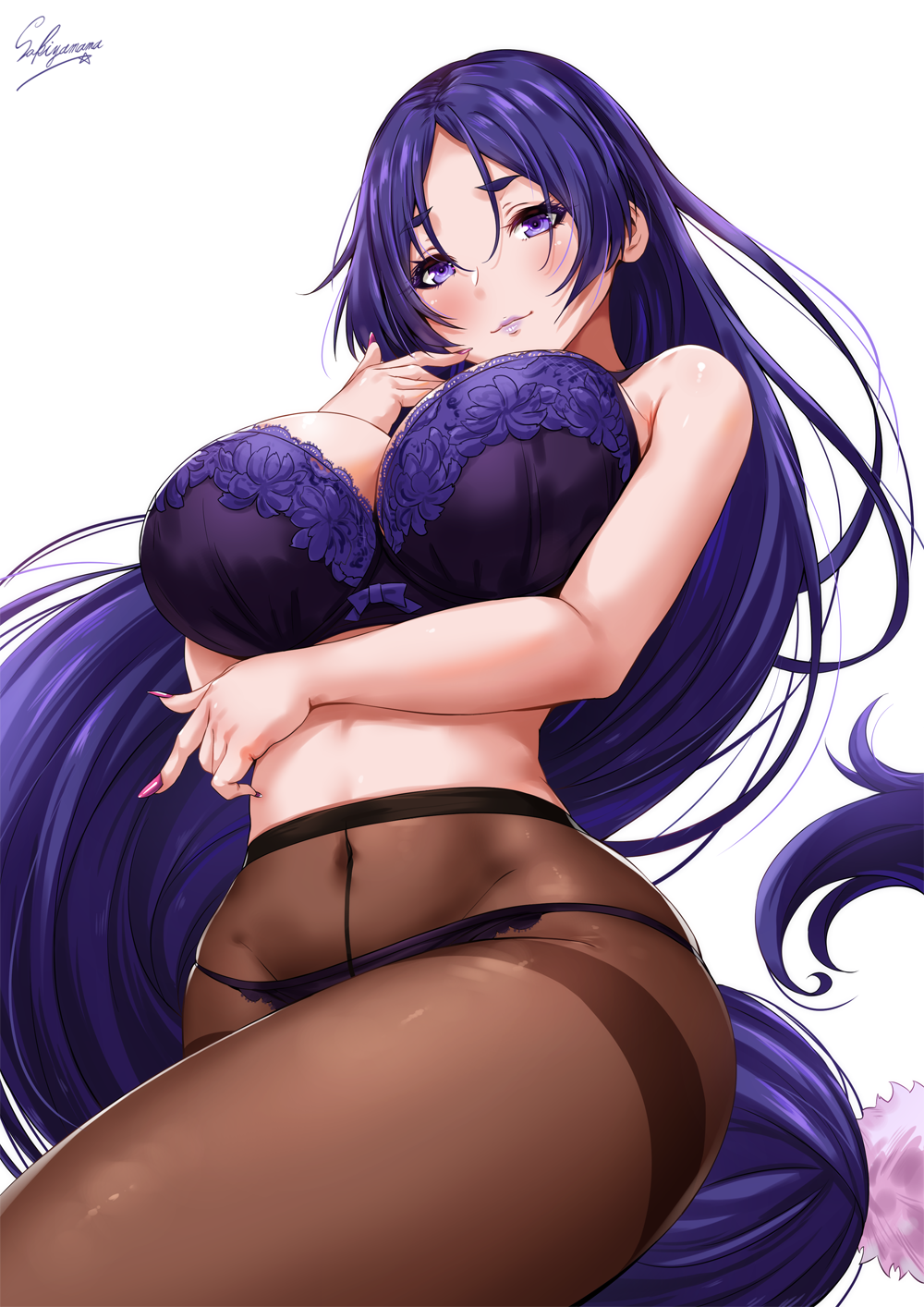 1girl arm_under_breasts artist_name bangs bare_shoulders blush bra breasts closed_mouth commentary_request covered_navel crotch_seam fate/grand_order fate_(series) grey_background hair_between_eyes highres hips large_breasts long_hair looking_at_viewer low-tied_long_hair minamoto_no_raikou_(fate/grand_order) nail_polish navel panties panties_under_pantyhose pantyhose parted_bangs purple_bra purple_hair purple_nails purple_panties sakiyamama signature simple_background smile solo thighband_pantyhose thighs underwear very_long_hair violet_eyes white_background