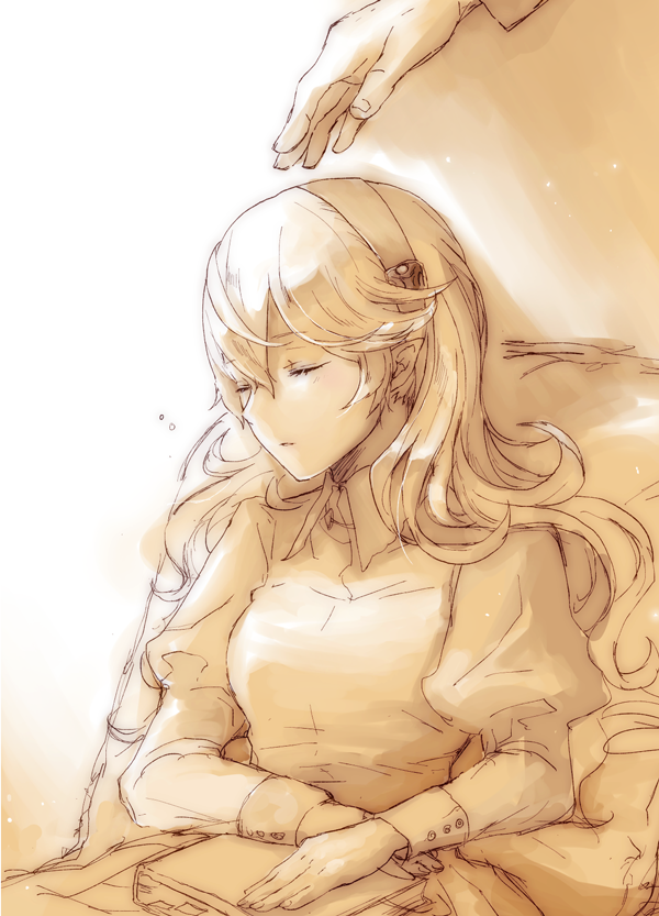1girl book closed_eyes closed_mouth female_my_unit_(fire_emblem_if) fire_emblem fire_emblem_if hairband intelligent_systems long_hair long_sleeves monochrome my_unit_(fire_emblem_if) nintendo pointy_ears puffy_sleeves robaco sleeping