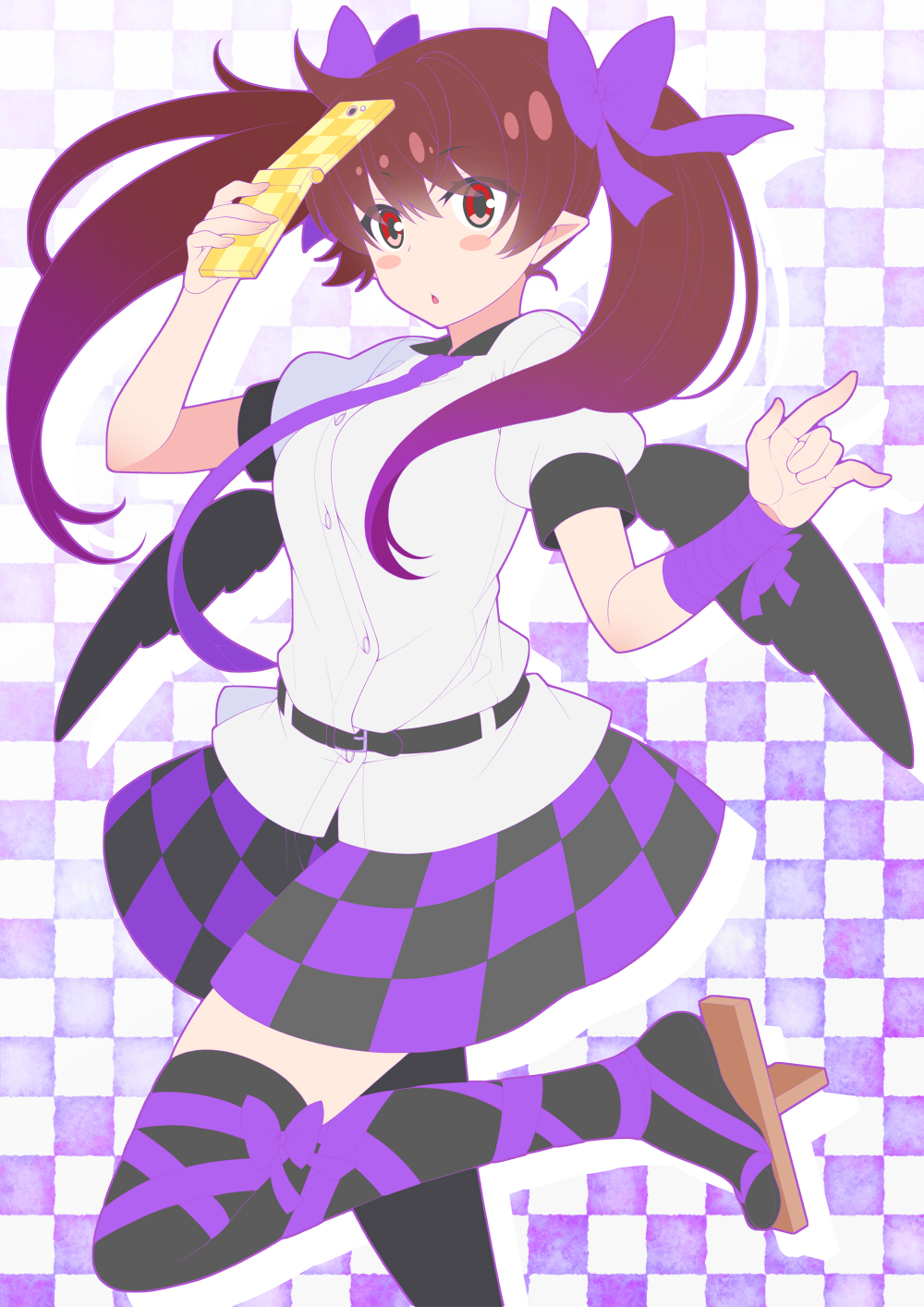 1girl alternate_eye_color arm_up bangs belt black_belt black_legwear black_skirt black_wings blush_stickers bow breasts brown_footwear brown_hair cellphone checkered checkered_background checkered_skirt commentary_request eichi_yuu eyebrows_visible_through_hair feet_out_of_frame flat_color geta hair_between_eyes hair_bow highres himekaidou_hatate holding holding_phone leg_ribbon leg_up long_hair looking_at_viewer medium_breasts miniskirt parted_lips phone pointy_ears puffy_short_sleeves puffy_sleeves purple_background purple_bow purple_ribbon purple_skirt red_eyes ribbon shirt short_sleeves skirt solo tengu-geta thigh-highs thighs touhou twintails white_background white_shirt wings wrist_ribbon zettai_ryouiki