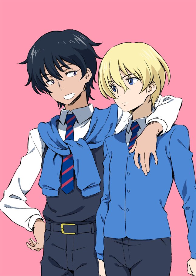 2boys adapted_uniform andou_(girls_und_panzer) arm_around_neck bangs bc_freedom_school_uniform belt black_belt black_hair black_vest blonde_hair blue_eyes blue_neckwear blue_sweater brown_eyes cardigan closed_mouth commentary cowboy_shot dark_skin diagonal_stripes dress_shirt eyebrows_visible_through_hair frown genderswap genderswap_(ftm) girls_und_panzer grin hand_on_hip ken-sya long_sleeves looking_at_another male_focus messy_hair multiple_boys necktie oshida_(girls_und_panzer) pink_background red_neckwear school_uniform shirt smile standing striped striped_neckwear sweater sweater_around_neck vest white_shirt wing_collar