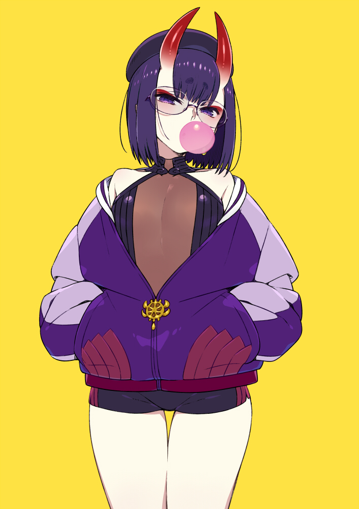 1girl bangs bare_shoulders bike_shorts blush breasts bubble_blowing chan_co chewing_gum earrings eyebrows_visible_through_hair fate/grand_order fate_(series) hands_in_pockets horns jacket jewelry long_sleeves looking_at_viewer off_shoulder oni oni_horns open_clothes open_jacket purple_hair purple_jacket rimless_eyewear short_eyebrows short_hair shuten_douji_(fate/grand_order) simple_background small_breasts solo standing thick_eyebrows violet_eyes yellow_background