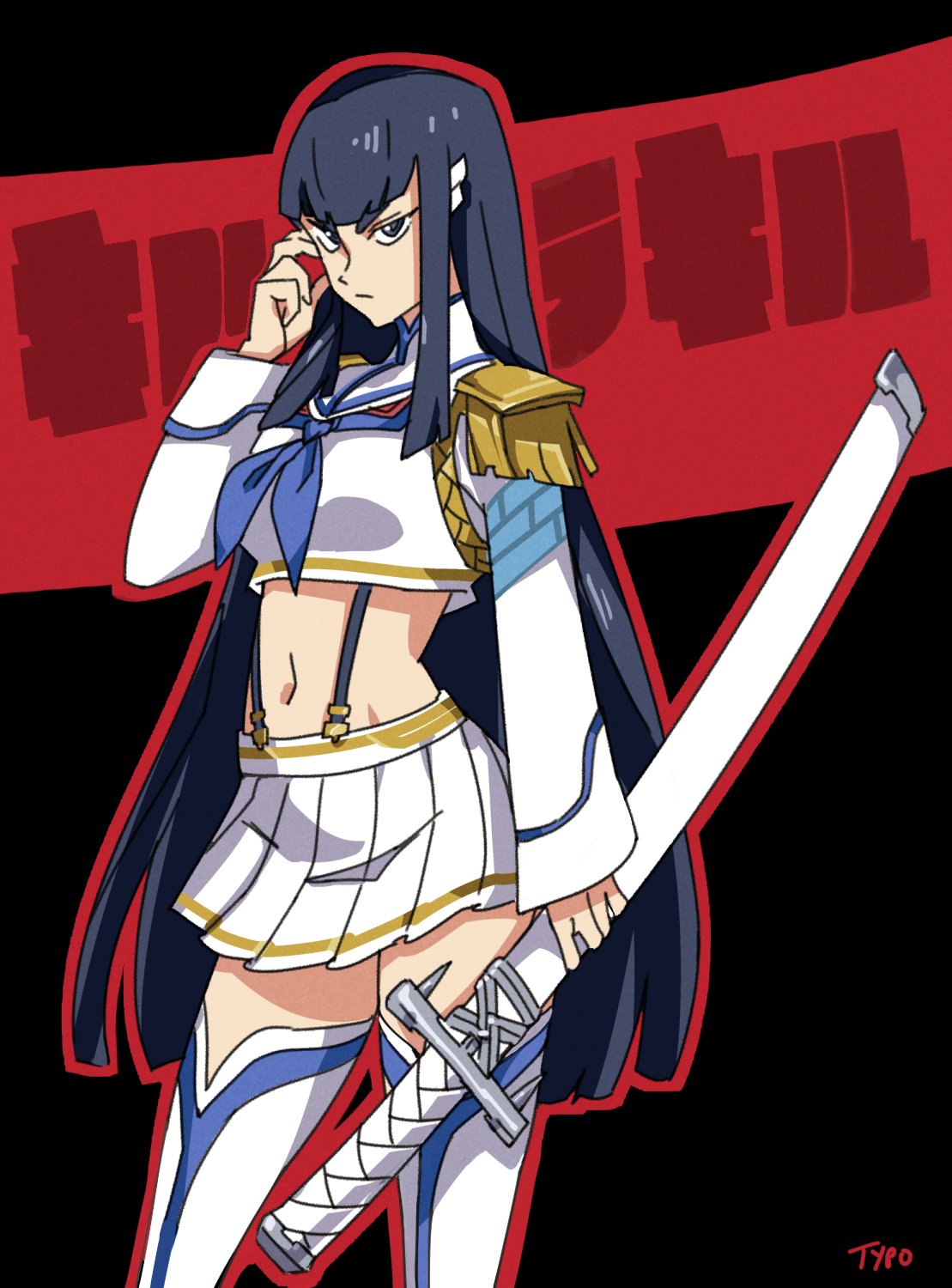 1girl adapted_costume bakuzan bangs black_hair blue_eyes boots commentary cowboy_shot crop_top english_commentary epaulettes hair_ornament hairclip high_collar highres junketsu katana kill_la_kill kiryuuin_satsuki long_hair looking_at_viewer midriff navel outline pleated_skirt scabbard sheath sheathed skirt solo standing suspenders sword thigh-highs thigh_boots typo_(requiemdusk) weapon white_footwear white_skirt zettai_ryouiki