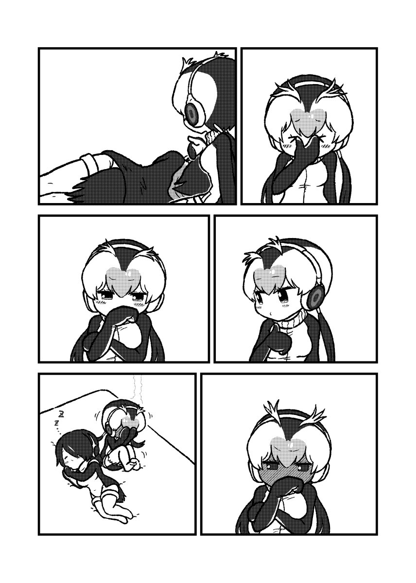 &gt;_&lt; 2girls :3 blush comic commentary_request covering_face embarrassed emperor_penguin_(kemono_friends) eyebrows_visible_through_hair full-face_blush greyscale hair_over_one_eye headphones highres hood hoodie kemono_friends kotobuki_(tiny_life) leotard long_hair long_sleeves monochrome multiple_girls no_shoes penguin_tail royal_penguin_(kemono_friends) short_hair sleeping tail thigh-highs twintails