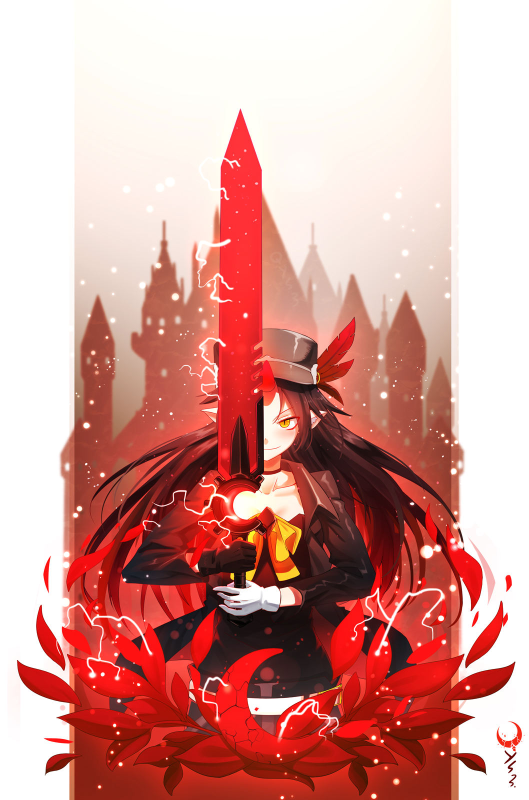 1girl bai_yemeng belt black_gloves black_hair black_hat black_jacket black_shirt brown_eyes closed_mouth collarbone crescent gloves glowing glowing_sword glowing_weapon hat highres holding holding_sword holding_weapon horn jacket long_hair long_sleeves open_clothes open_jacket peaked_cap pixiv_fantasia pixiv_fantasia_last_saga pointy_ears shirt smile solo sword very_long_hair weapon white_belt white_gloves yellow_neckwear