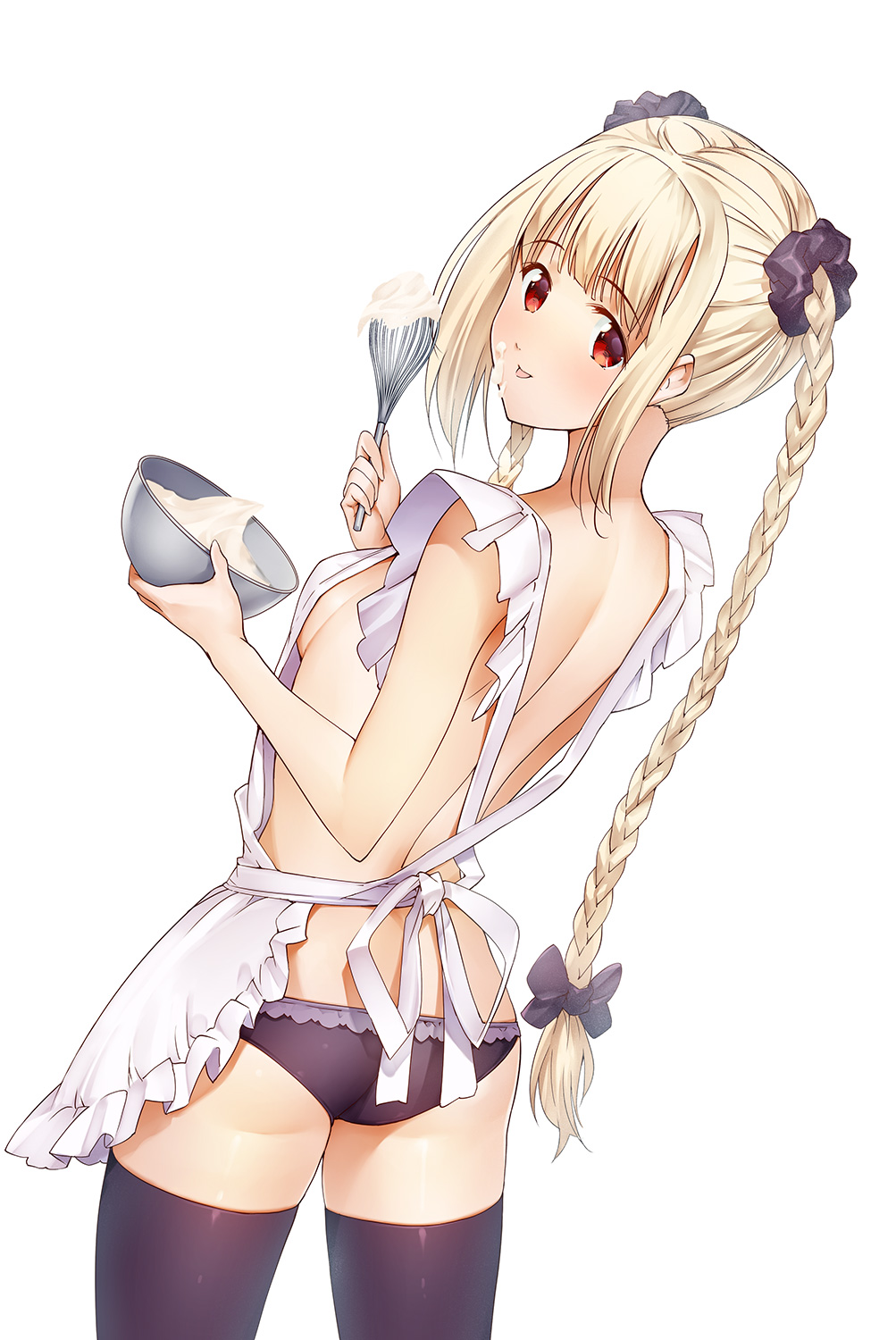 1girl artist_request blonde_hair blush bow bowl braid breasts character_request darwin's_game eyebrows_visible_through_hair hair_bow highres holding holding_bowl holding_whisk long_hair looking_at_viewer panties purple_bow purple_legwear purple_panties red_eyes simple_background solo underwear whisk white_background