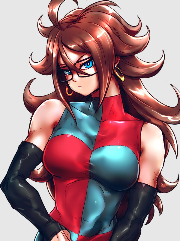 1girl android_21 arms_at_sides black_gloves blue_dress blue_eyes checkered checkered_dress dragon_ball dragon_ball_fighterz dress earrings glasses gloves grey_background head_tilt hoop_earrings jewelry long_hair parted_lips red_dress redhead simple_background sleeveless sleeveless_dress solo spiky_hair st62svnexilf2p9 two-tone_dress upper_body