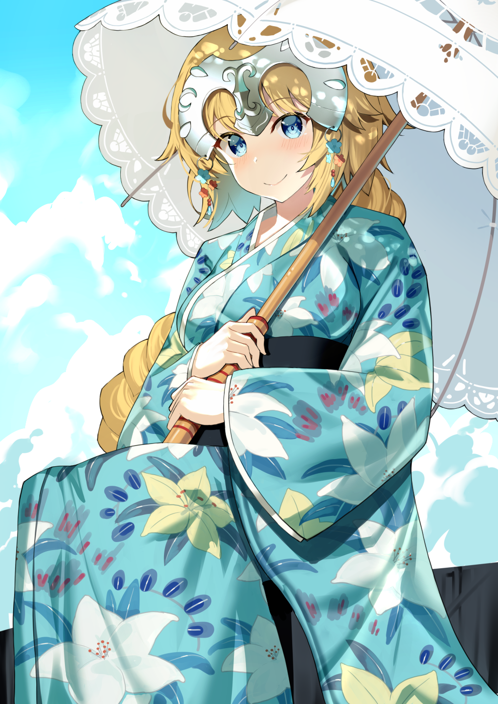 1girl akae_neo bangs blonde_hair blue_eyes blue_kimono blue_sky blush braid breasts closed_mouth clouds commentary_request day eyebrows_visible_through_hair fate/grand_order fate_(series) floral_print headpiece highres holding holding_umbrella japanese_clothes jeanne_d'arc_(fate) jeanne_d'arc_(fate)_(all) kimono long_hair long_sleeves looking_at_viewer medium_breasts obi outdoors print_kimono sash single_braid sitting sky sleeves_past_wrists smile solo umbrella very_long_hair white_umbrella wide_sleeves