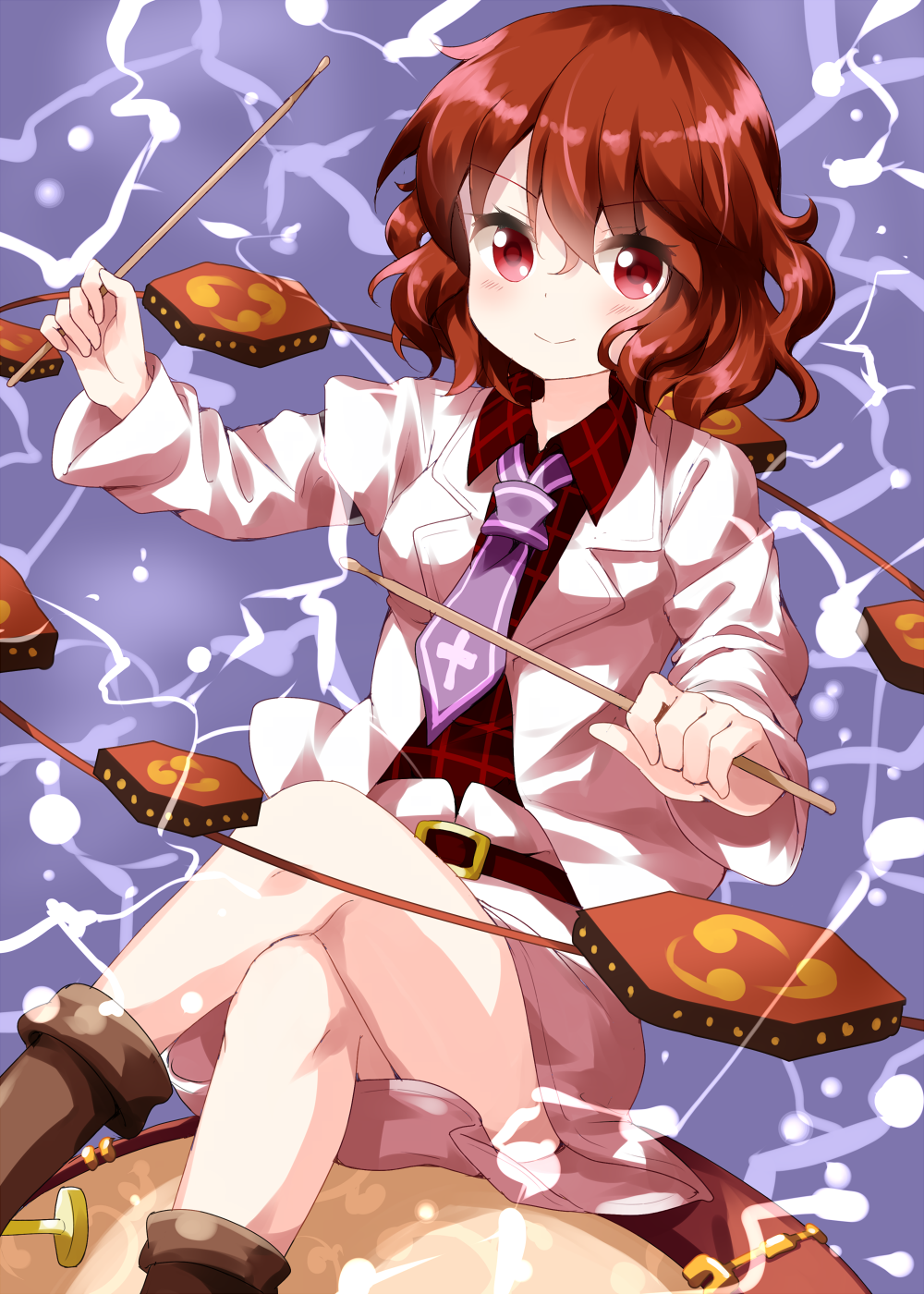 1girl belt boots drum drumsticks electricity eyebrows_visible_through_hair eyes_visible_through_hair highres horikawa_raiko instrument jacket legs_crossed long_sleeves looking_at_viewer medium_hair mitsudomoe_(shape) necktie open_clothes open_jacket plaid plaid_shirt purple_neckwear red_eyes red_shirt redhead ruu_(tksymkw) shirt sitting skirt smile solo taiko_drum tomoe_(symbol) touhou v-shaped_eyebrows wavy_hair white_jacket white_skirt