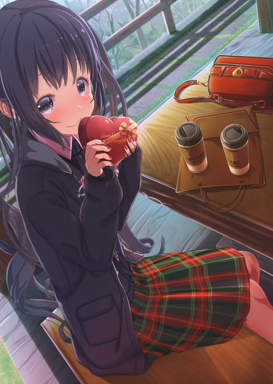 1girl abo_(kawatasyunnnosukesabu) bag bangs bare_tree bench black_coat black_eyes black_hair blush box coffee_cup commentary_request cup disposable_cup gift green_skirt handbag heart-shaped_box highres holding holding_gift long_hair long_sleeves looking_at_viewer nail_polish original plaid plaid_skirt railing red_nails red_skirt ribbon shopping_bag sitting skirt smile solo table tree two-tone_skirt valentine