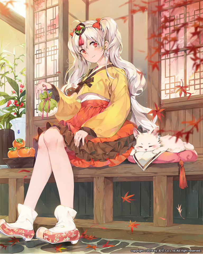 1girl ahoge animal autumn autumn_leaves bag bangs black_ribbon blush bosack bow braid cat closed_mouth commentary commission cushion day eyebrows_visible_through_hair falling_leaves food frilled_skirt frills fruit full_body hair_bow hanbok holding holding_bag korean_clothes leaf long_hair long_sleeves looking_at_viewer maple_leaf original outdoors plant plate potted_plant puffy_long_sleeves puffy_sleeves red_bow red_eyes red_footwear red_skirt ribbon shoes sitting skirt smile socks solo tareme tassel twin_braids very_long_hair white_cat white_legwear