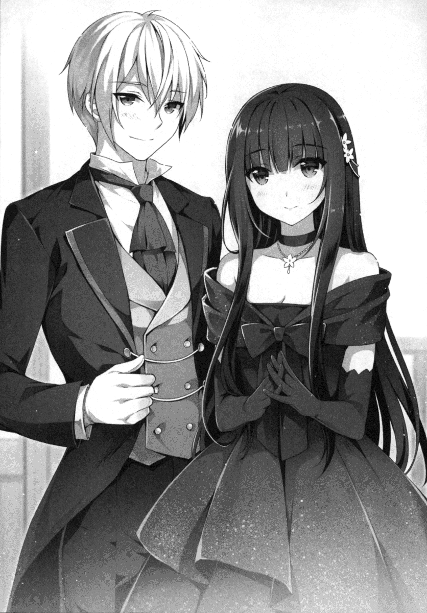 1boy 1girl ascot bangs blunt_bangs blush breasts choker cleavage collarbone cowboy_shot dress elbow_gloves eyebrows_visible_through_hair gloves greyscale hair_between_eyes hair_ornament highres jacket jewelry layered_dress long_dress long_hair looking_at_viewer medium_breasts monochrome necklace novel_illustration official_art open_clothes open_jacket pants riv scan seirei_gensouki shirt sleeveless sleeveless_dress smile standing very_long_hair