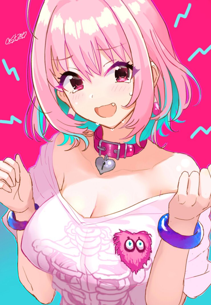 1girl ahoge ashita_(2010) badge blue_hair blush bracelet breasts cleavage collarbone earrings fang heart heart-shaped_lock idolmaster idolmaster_cinderella_girls jewelry large_breasts looking_at_viewer multicolored_hair open_mouth oversized_clothes oversized_shirt pink_collar pink_eyes pink_hair shirt short_hair short_sleeves signature skeleton_print solo sweat t-shirt two-tone_background two-tone_hair yumemi_riamu