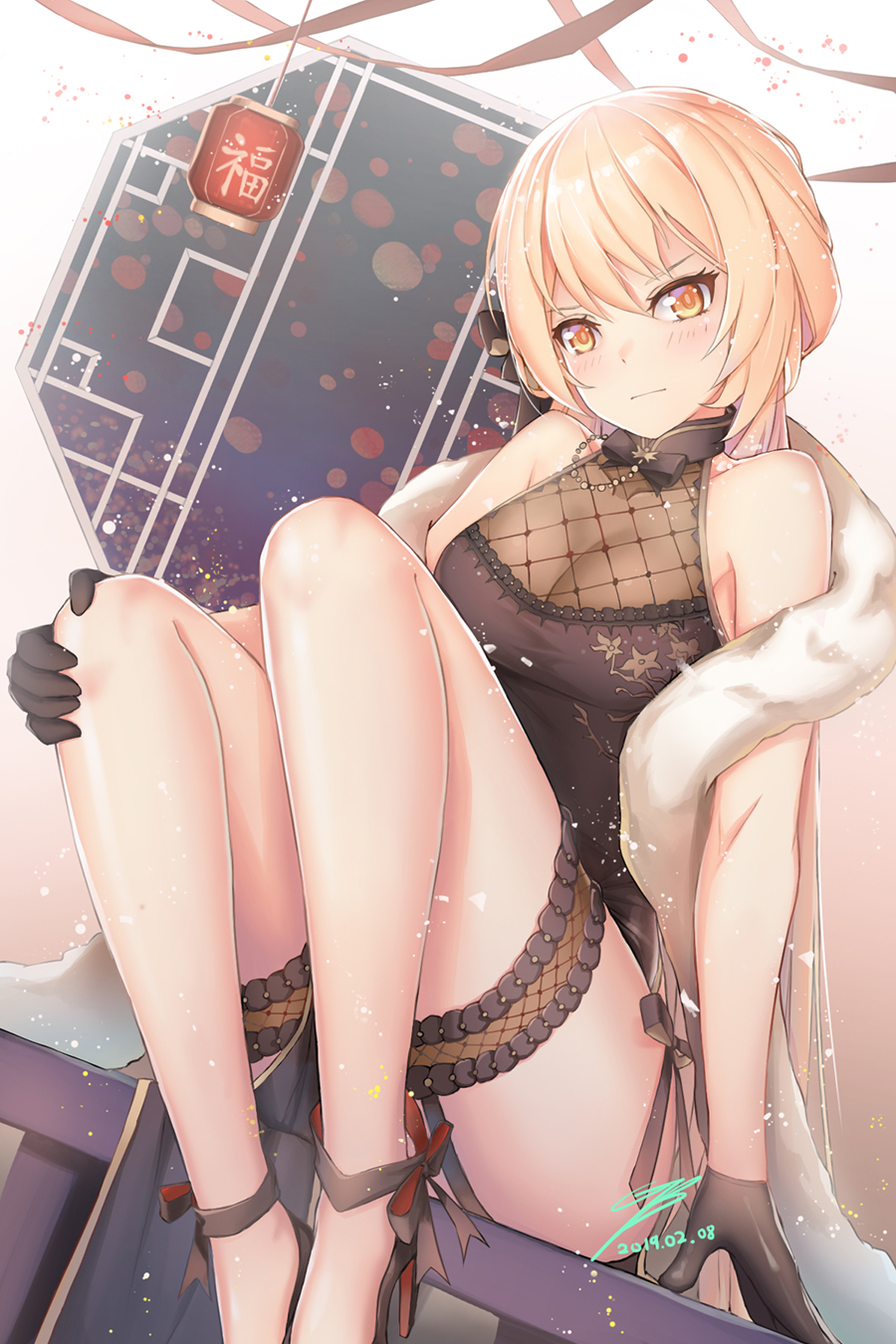 1girl ankle_ribbon bangs bare_legs bare_shoulders black_bow black_footwear black_gloves blonde_hair blush bow breasts china_dress chinese_clothes cleavage closed_mouth commentary dated dress dutch_angle garter_straps girls_frontline gloves hand_on_own_knee head_tilt high_heels highres knees_up lantern looking_at_viewer medium_breasts on_table orange_eyes ots-14_(girls_frontline) paper_lantern pelvic_curtain ribbon shawl signature sitting sleeveless sleeveless_dress solo superman3go table thigh_strap v-shaped_eyebrows