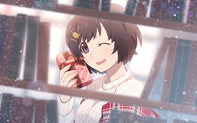 1girl artist_request black_hair book box breasts cat_hair_ornament gift gift_box hair_ornament hairclip hanekawa_tsubasa holding holding_box holding_gift large_breasts looking_at_viewer monogatari_(series) official_art one_eye_closed open_mouth short_hair smile solo source_request sweater valentine violet_eyes