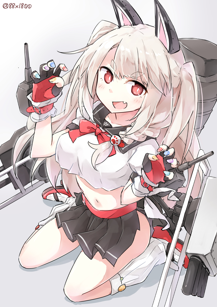 1girl animal_ears azur_lane belt belt_buckle black_skirt braid buckle claw_pose crop_top crop_top_overhang fang fingerless_gloves gloves highres midriff multicolored multicolored_nails nail_polish navel pleated_skirt red_belt red_gloves red_nails rigging senhappyaku short_eyebrows side_braid skirt solo tail thick_eyebrows wolf_ears wolf_tail yuudachi_(azur_lane)