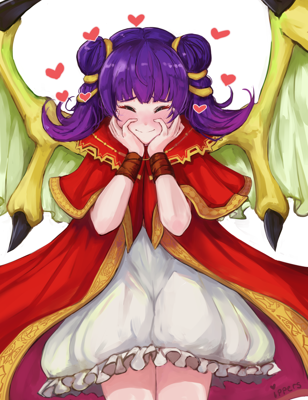 1girl artist_name blush closed_eyes closed_mouth dragon_wings dress fire_emblem fire_emblem:_seima_no_kouseki hands_on_own_face heart highres ippers mamkute multi-tied_hair myrrh nintendo purple_hair simple_background smile solo twintails white_background wings