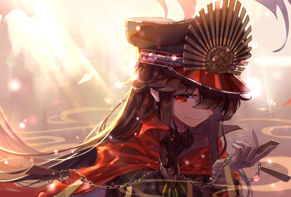 1girl black_hair cape chains fang fate/grand_order fate_(series) gloves hat light_rays long_hair looking_at_viewer military_hat nejikyuu oda_nobunaga_(fate) one_eye_covered red_eyes smile white_gloves