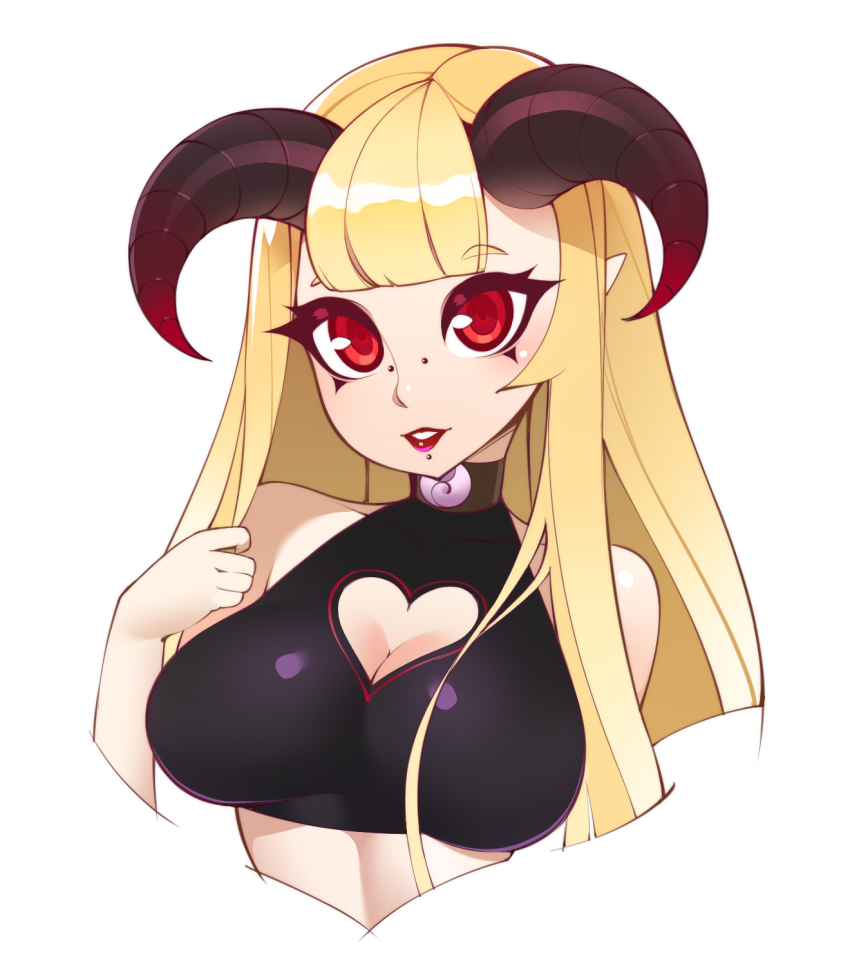 1girl bangs bare_shoulders blonde_hair blunt_bangs breasts bustier choker cleavage cleavage_cutout commentary demon_girl demon_horns eyebrows_visible_through_hair halphelt heart_cutout horns lip_piercing lipstick long_hair looking_at_viewer makeup nose_piercing original parted_lips piercing pointy_ears red_eyes red_lipstick ringed_eyes simple_background solo succubus upper_body white_background