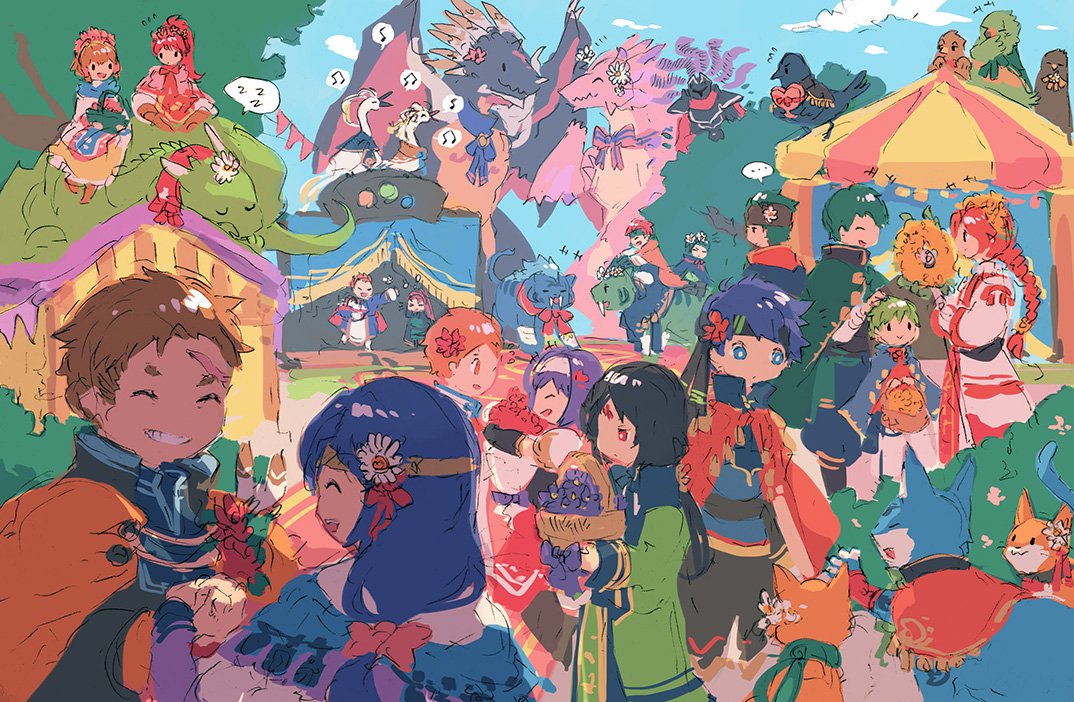 animal_ears armor black_hair blue_eyes blue_hair blush boyd_(fire_emblem) braid brown_hair cape cat_ears cat_tail dragon ena_(fire_emblem) facial_mark fingerless_gloves fire_emblem fire_emblem:_akatsuki_no_megami fire_emblem:_souen_no_kiseki fire_emblem_heroes garmmy gatrie gloves green_eyes greil haar hairband headband ike ilyana jill_(fire_emblem) kieran lethe long_hair mist_(fire_emblem) muarim multiple_boys multiple_girls nintendo open_mouth oscar polearm ponytail rajaion red_eyes redhead rhys rolf shinon_(fire_emblem) short_hair smile soren sword tail tiamat_(fire_emblem) violet_eyes wayu_(fire_emblem) weapon white_hairband white_headband