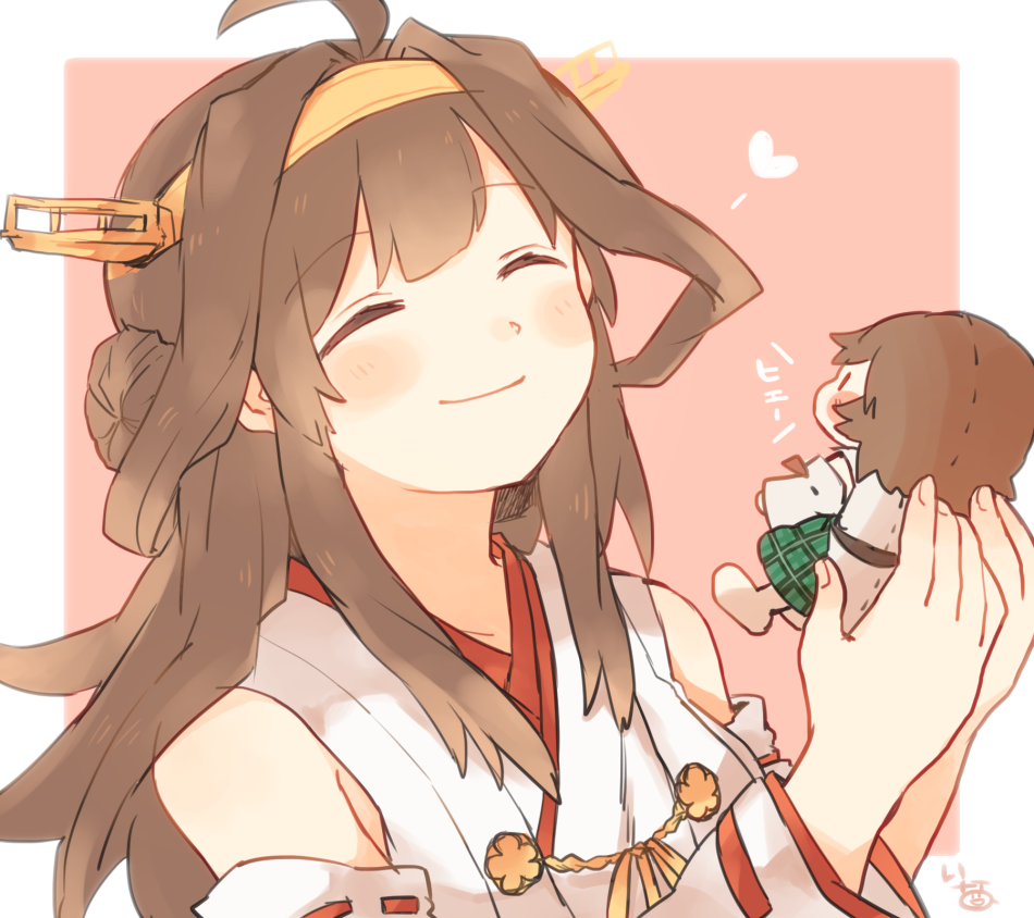 1girl ahoge border brown_hair character_doll closed_eyes commentary_request detached_sleeves double_bun hairband headgear hiei_(kantai_collection) inagawa_(kidou_kairo) kantai_collection kongou_(kantai_collection) long_hair pink_background ribbon-trimmed_sleeves ribbon_trim smile solo two-tone_background upper_body white_border