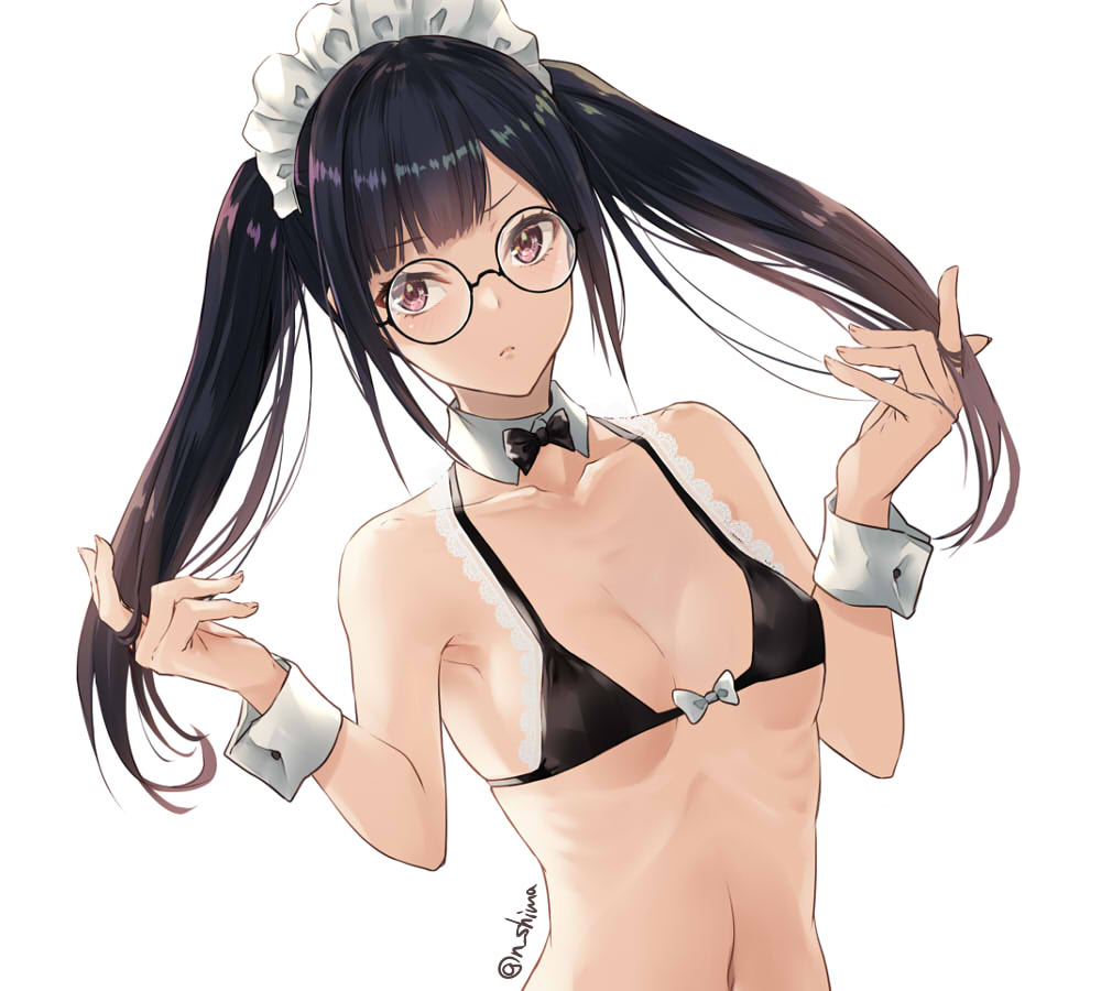 1girl artist_name bangs bare_arms bare_shoulders bikini black-framed_eyewear black_bikini black_bow black_hair black_neckwear bow bowtie breasts brown_eyes character_request collarbone commentary_request copyright_request eyebrows_visible_through_hair glasses hands_up lace lace-trimmed_bikini lace_trim long_hair looking_at_viewer maid_headdress nabeshima_tetsuhiro navel round_eyewear sidelocks simple_background small_breasts solo stomach swimsuit twintails twintails_day twitter_username upper_body white_background white_bow wrist_cuffs