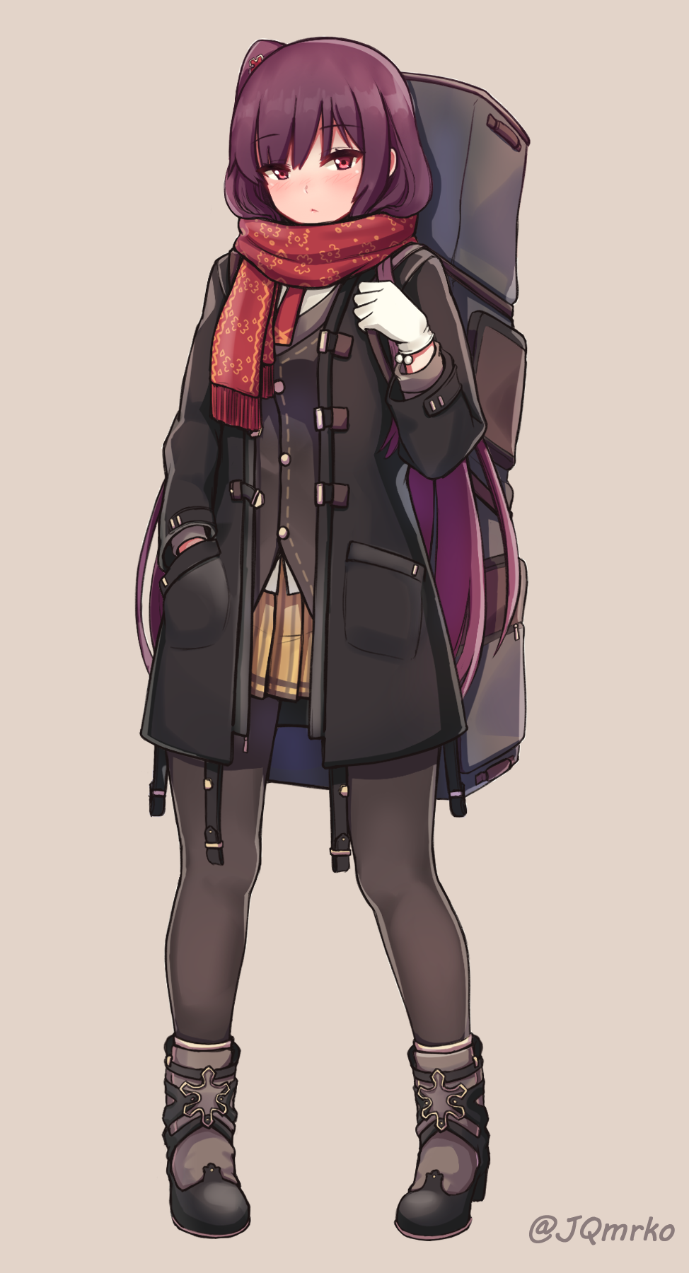 1girl alternate_costume bag black_coat black_footwear black_jacket blazer blush boots brown_background brown_legwear buttons casual closed_mouth coat enpera floral_print fringe_trim full_body girls_frontline gloves hair_ornament hand_in_pocket hand_up highres jacket legs_apart long_coat long_hair long_sleeves looking_at_viewer manme miniskirt one_side_up open_clothes open_coat pantyhose pleated_skirt purple_hair red_eyes red_scarf scarf shirt sidelocks simple_background skirt solo standing strap twitter_username undershirt very_long_hair wa2000_(girls_frontline) white_gloves white_shirt winter_clothes yellow_skirt