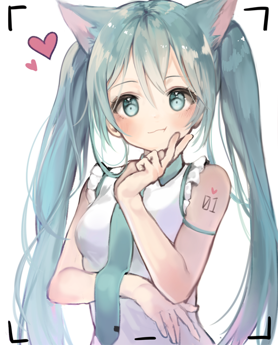 1girl animal_ears aqua_eyes aqua_hair bare_shoulders blush cat_ears commentary_request frame hand_on_own_chin hatsune_miku heart korean_commentary lib long_hair necktie shirt shoulder_tattoo smile solo tattoo twintails upper_body very_long_hair viewfinder vocaloid white_background white_shirt