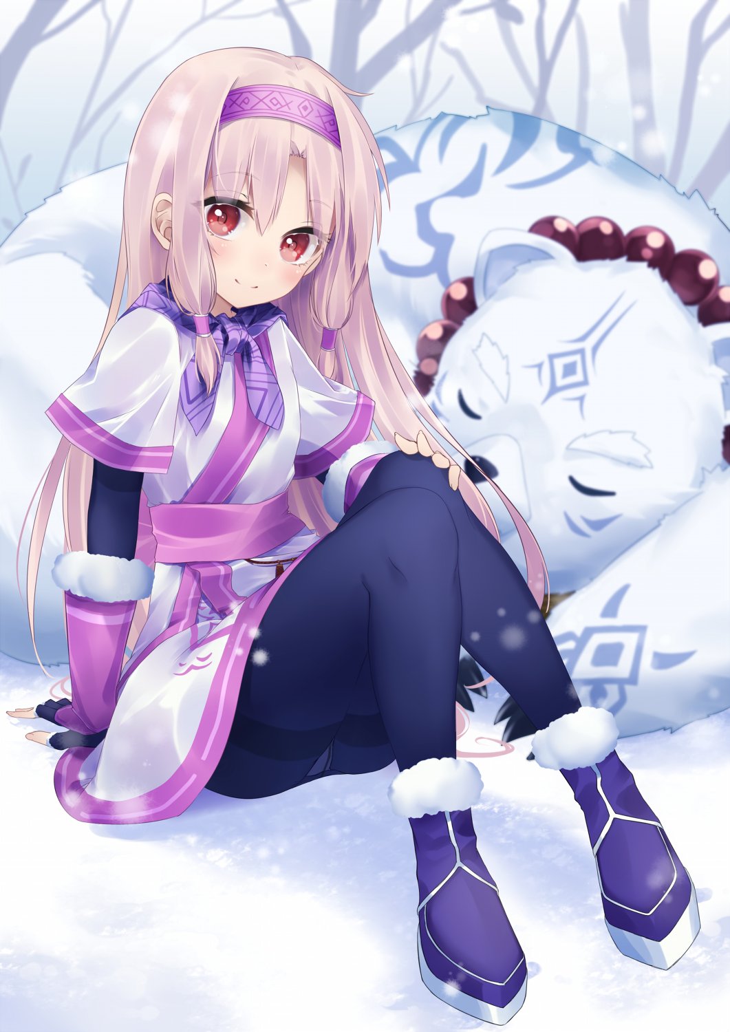 ainu_clothes bead_necklace beads bear fate/grand_order fate_(series) fingerless_gloves fur_trim gloves hairband hand_on_own_knee highres jewelry koruta_(nekoimo) long_hair necklace pantyhose polar_bear shirou_(fate/grand_order) sitonai sitting sleeping smile snow