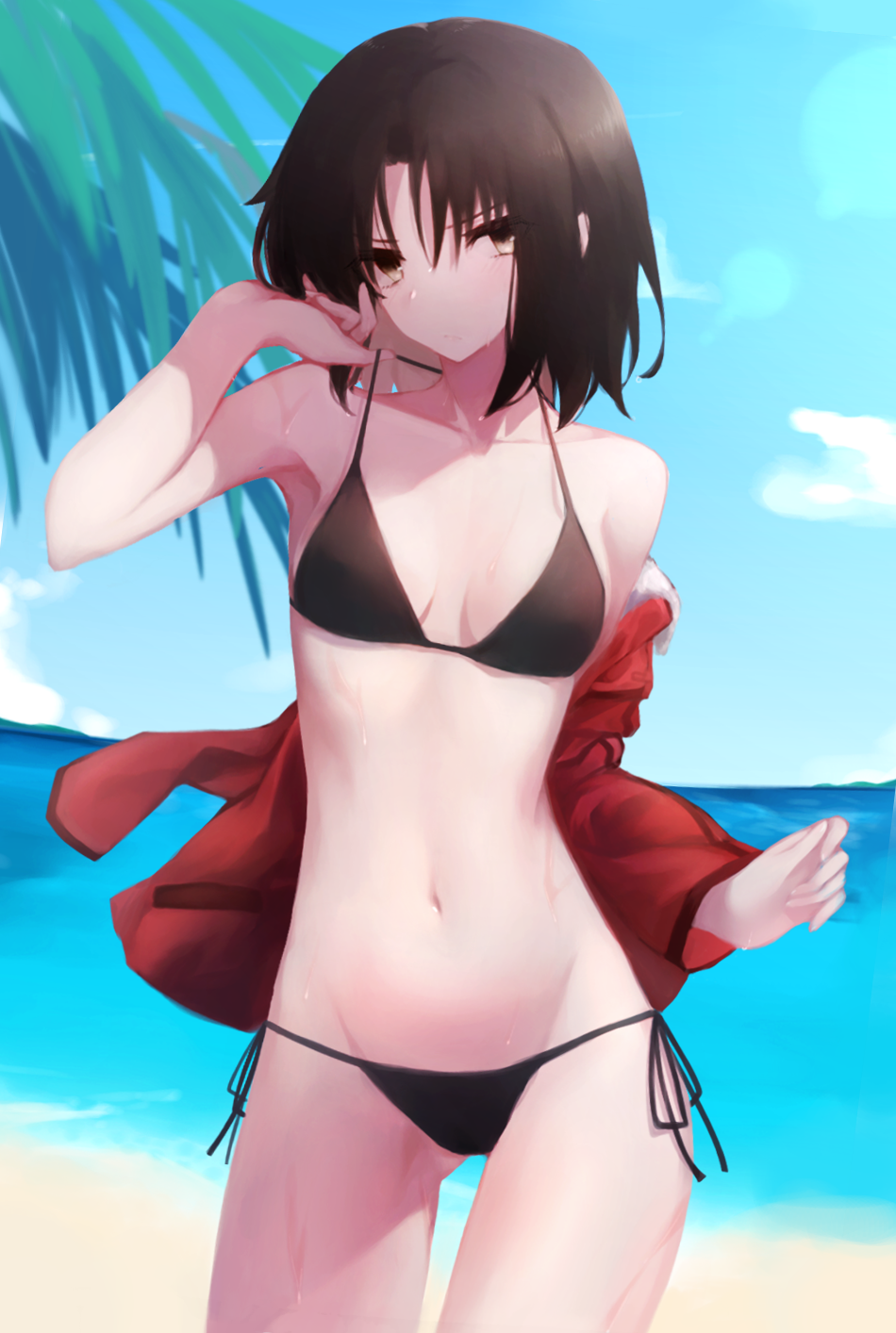 1girl ass_visible_through_thighs bangs bare_arms bare_legs bare_shoulders beach bikini black_bikini black_eyes black_hair blue_sky breasts cleavage closed_mouth clouds collarbone day hand_in_hair highres hips jacket kara_no_kyoukai legs looking_at_viewer midriff navel ocean okakasushi outdoors red_jacket ryougi_shiki sand short_hair sky small_breasts solo standing stomach swimsuit thighs tree