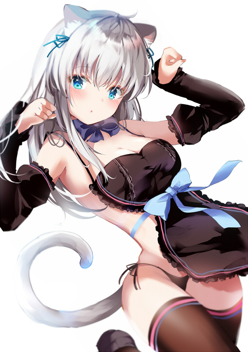 1girl :o animal_ear_fluff animal_ears apron arm_up bangs bare_shoulders black_apron black_legwear black_panties black_sleeves blue_bow blue_eyes blue_ribbon blush bow breasts cat_ears cat_girl cat_tail cleavage commentary_request detached_sleeves eyebrows_visible_through_hair frilled_apron frills hair_between_eyes hair_ribbon hand_up juliet_sleeves long_hair long_sleeves medium_breasts nearly_naked_apron original panties parted_lips paw_pose pon_(ponidrop) puffy_sleeves ribbon side-tie_panties silver_hair simple_background sleeves_past_wrists solo standing standing_on_one_leg tail thigh-highs underwear white_background