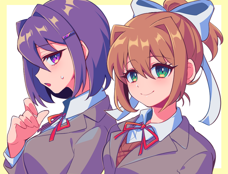 2girls alternate_hair_length alternate_hairstyle brown_hair commentary doki_doki_literature_club eyebrows_visible_through_hair green_eyes hair_between_eyes hair_ornament hair_ribbon hairclip looking_at_viewer monika_(doki_doki_literature_club) multiple_girls open_mouth purple_hair ribbon sasakama_(sasagaki01) school_uniform short_hair short_ponytail simple_background smile sweatdrop symbol_commentary upper_body violet_eyes white_ribbon yuri_(doki_doki_literature_club)