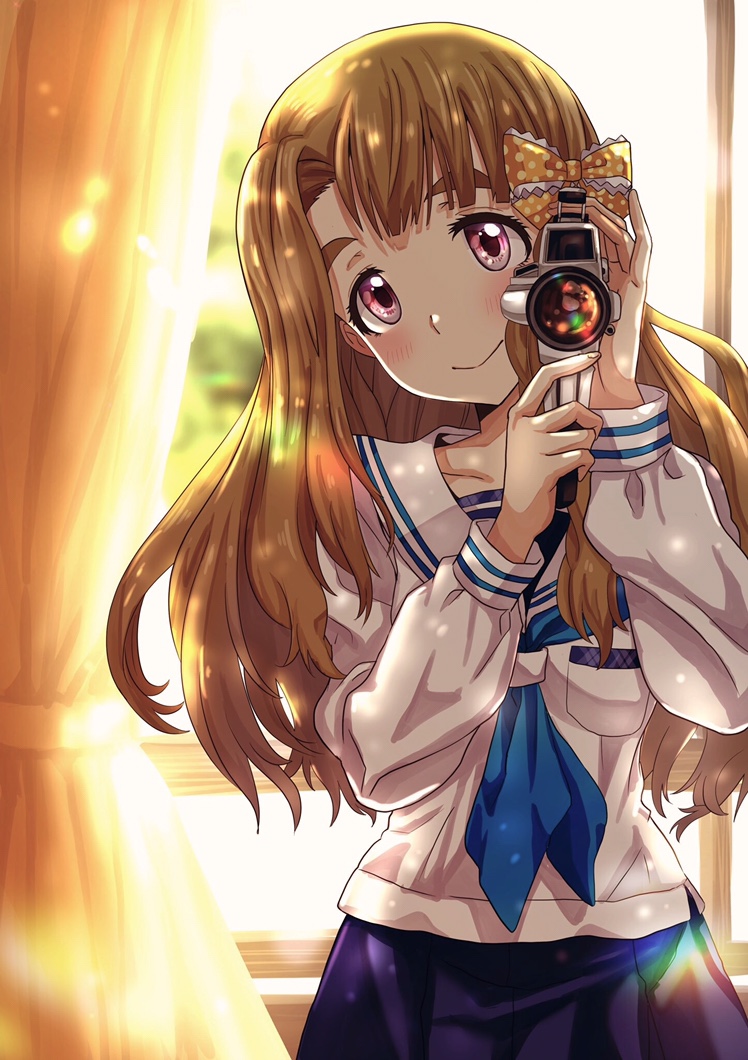 1girl blue_neckwear blue_skirt bow brown_eyes brown_hair camera collarbone floating_hair frilled_bow frills hair_bow head_tilt holding holding_camera idolmaster idolmaster_million_live! indoors long_hair long_sleeves miyao_miya pleated_skirt polka_dot polka_dot_bow run_p_(aveton) school_uniform serafuku shirt skirt smile solo standing white_shirt yellow_bow