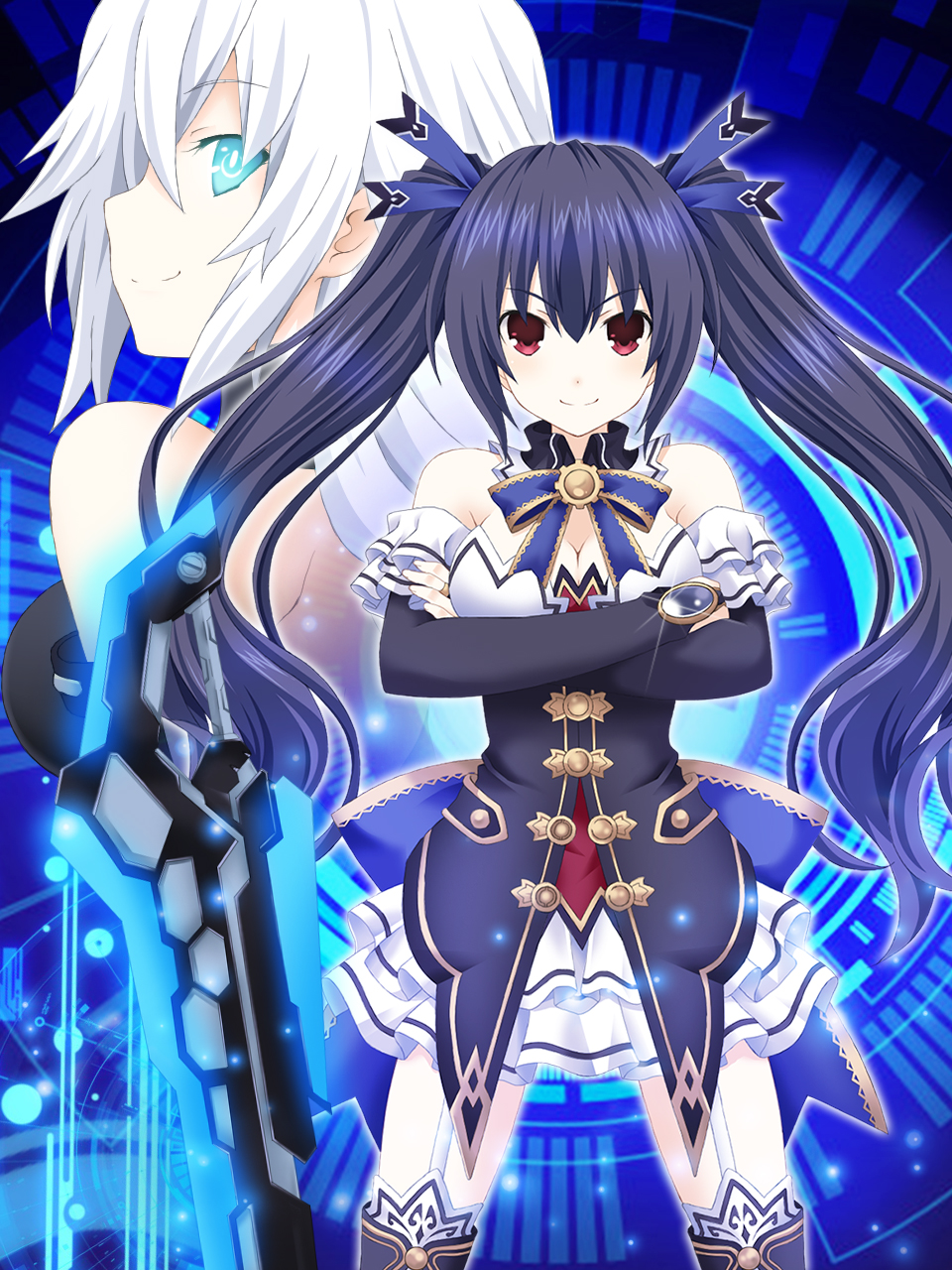 aqua_eyes bangs bare_shoulders black_hair black_heart bodysuit breasts cleavage closed_mouth commentary_request crossed_arms detached_collar detached_sleeves dress dual_persona elbow_gloves eyebrows_visible_through_hair gloves hair_ribbon highres kagura_ittou leotard long_hair looking_at_viewer medium_breasts neptune_(series) noire power_symbol red_eyes ribbon skirt smile sword symbol-shaped_pupils thigh-highs twintails very_long_hair weapon white_hair