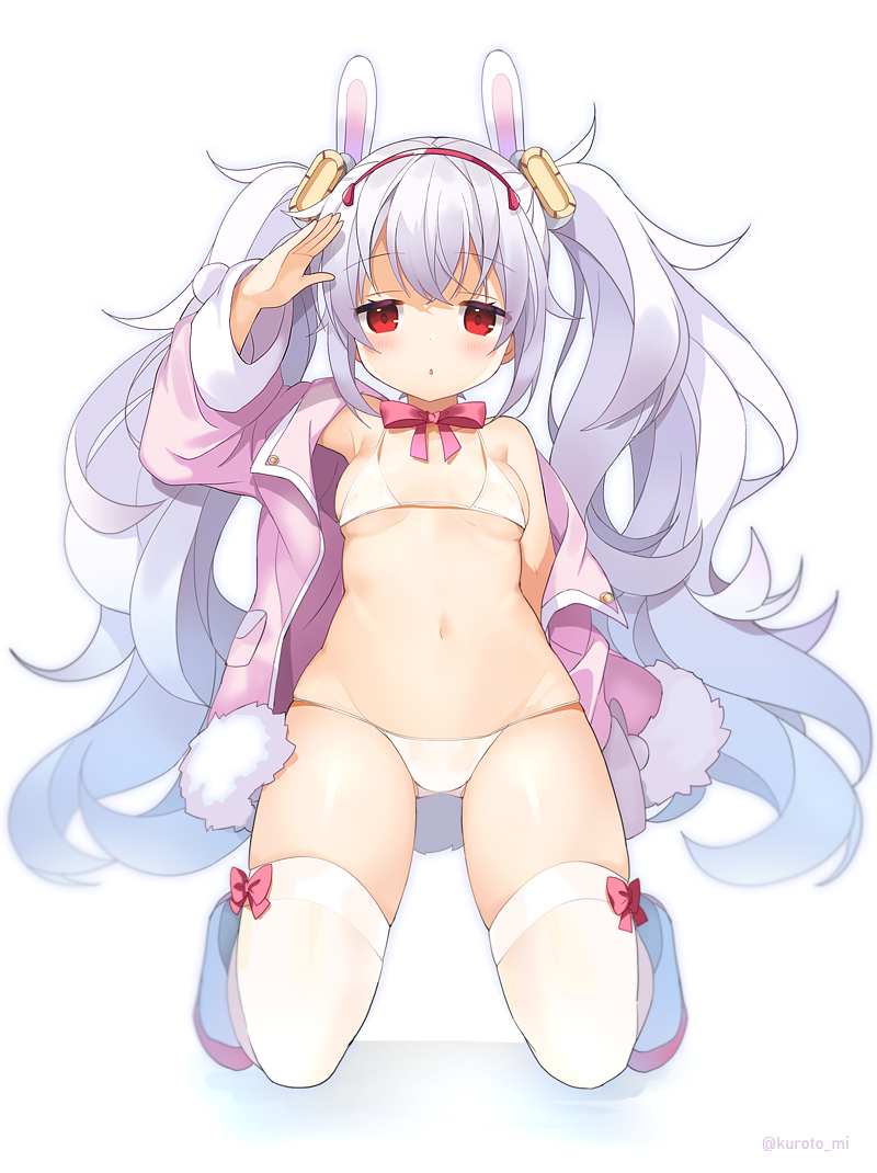 1girl :o animal_ears arm_up ass_visible_through_thighs azur_lane bare_shoulders bikini blush bow breasts collarbone commentary_request full_body groin hair_ornament hairband jacket kurot laffey_(azur_lane) long_hair long_sleeves looking_at_viewer navel off_shoulder open_clothes open_jacket parted_lips pink_bow pink_jacket rabbit_ears red_eyes red_hairband salute shoes silver_hair small_breasts solo swimsuit thigh-highs twintails twitter_username very_long_hair white_background white_bikini white_footwear white_legwear