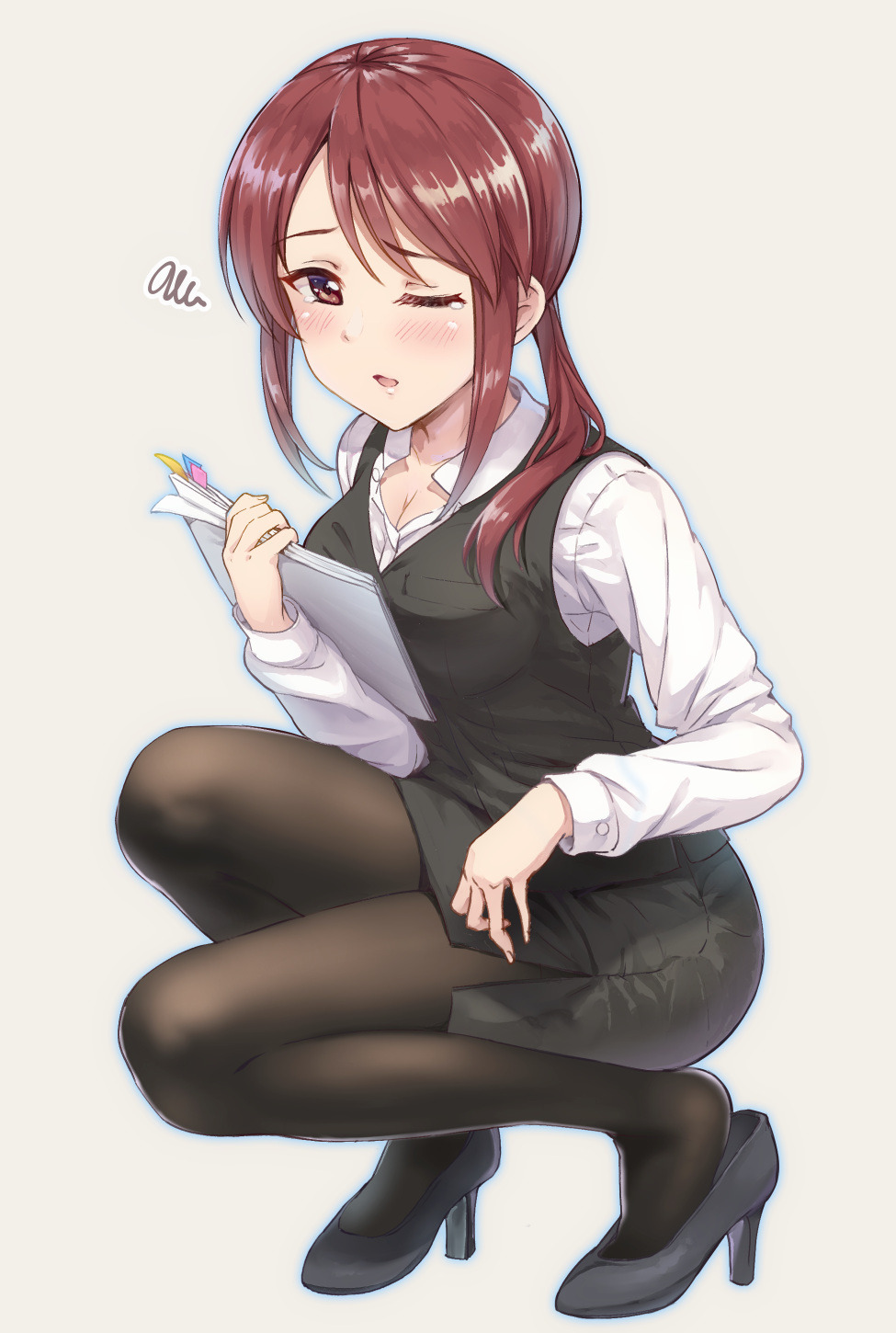 1girl bangs black_footwear black_legwear black_skirt black_vest blush breasts brown_eyes brown_hair cleavage full_body grey_background hair_between_eyes high_heels highres holding holding_paper idolmaster idolmaster_cinderella_girls long_hair long_sleeves medium_breasts mifune_miyu mintol_(qool+) office_lady one_eye_closed open_mouth pantyhose paper pencil_skirt shiny shiny_hair shirt simple_background skirt solo squatting squiggle swept_bangs vest white_shirt