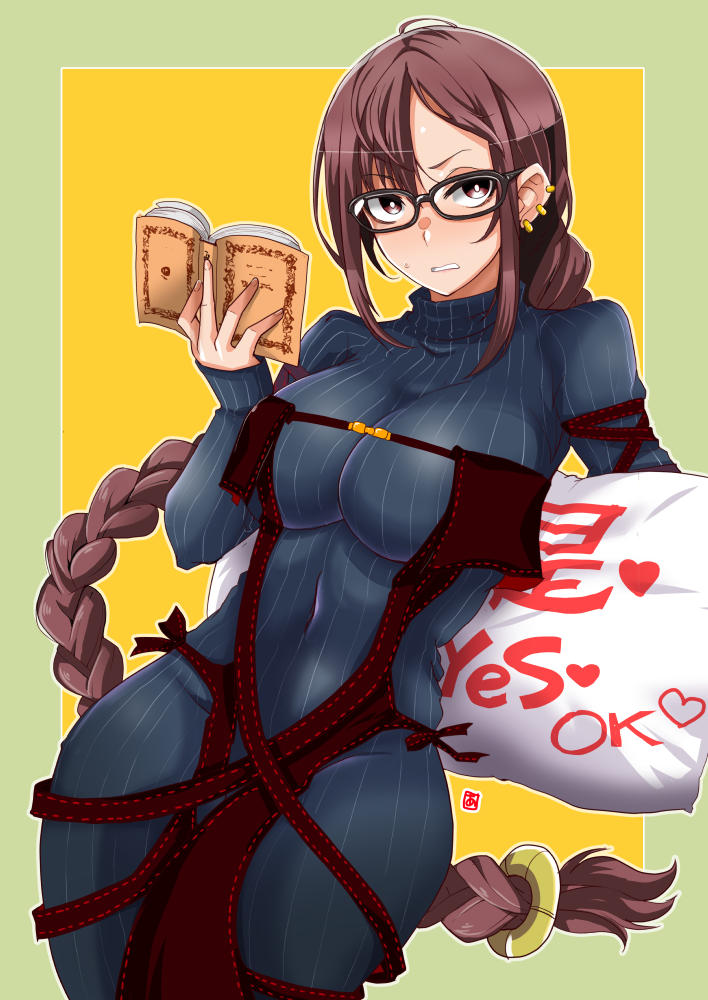 aoi_manabu bangs black-framed_eyewear black_dress book braid breasts brown_eyes brown_hair center_opening consort_yu_(fate) dress earrings fate/grand_order fate_(series) glasses holding holding_book holding_pillow jewelry long_braid long_hair looking_at_viewer medium_breasts pillow pinstripe_dress pinstripe_pattern single_braid strapless strapless_dress striped sweater sweater_dress turtleneck very_long_hair