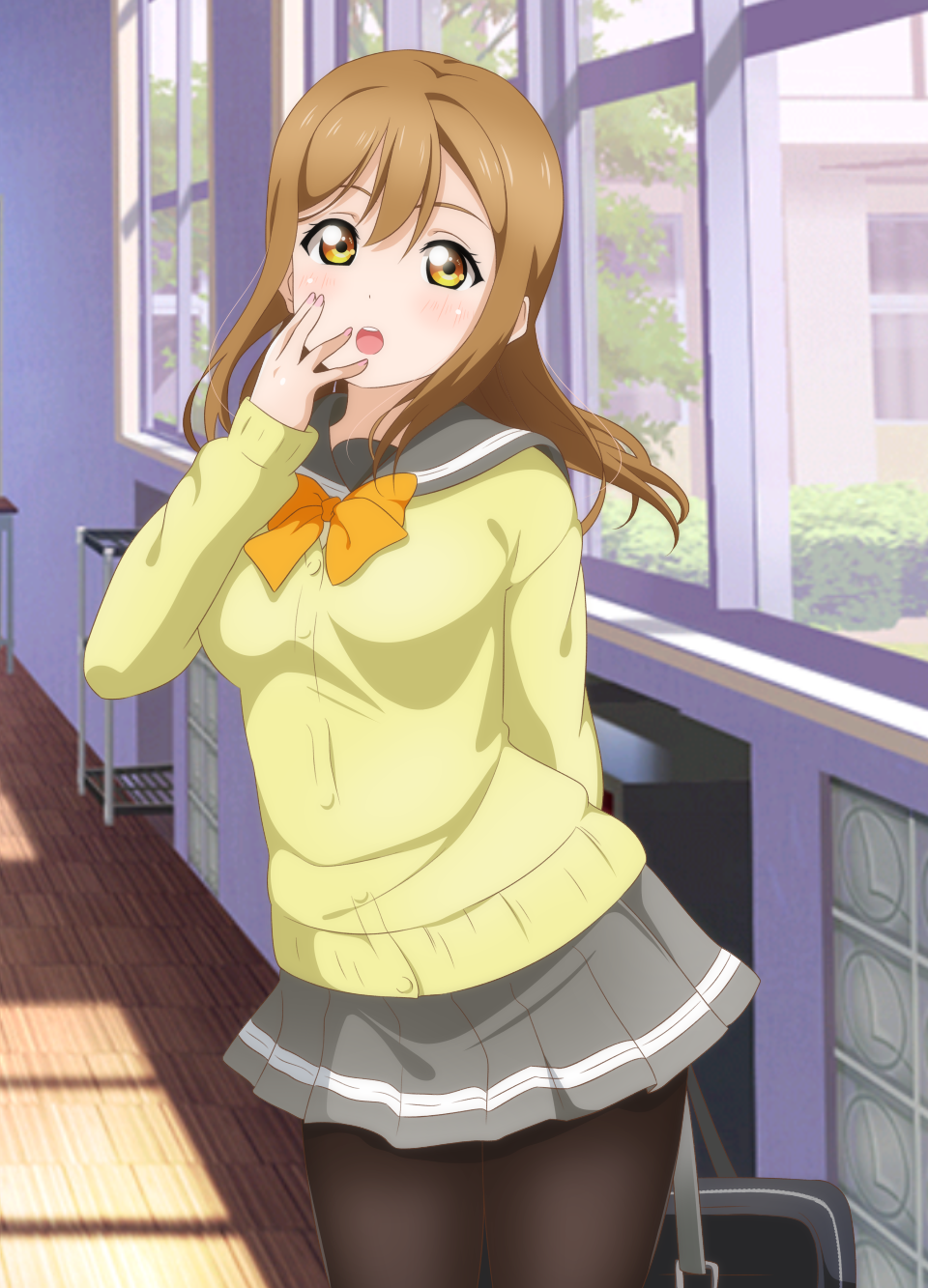 1girl :o arm_behind_back bag bangs black_legwear blush bow bowtie brown_hair commentary_request day grey_skirt highres holding holding_bag indoors kunikida_hanamaru kuusuke_(yo_suke39) long_hair long_sleeves looking_at_viewer love_live! love_live!_sunshine!! orange_neckwear pantyhose pleated_skirt school_bag school_uniform serafuku skirt solo uranohoshi_school_uniform window yellow_cardigan yellow_eyes