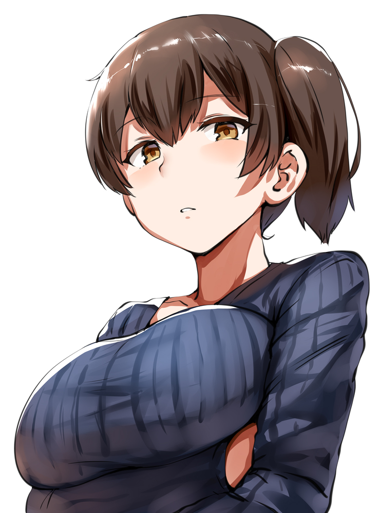 1girl alternate_costume blue_sweater breasts brown_eyes brown_hair crossed_arms from_below hair_between_eyes kaga_(kantai_collection) kantai_collection large_breasts lolicept looking_at_viewer short_hair side_ponytail simple_background solo striped striped_sweater sweater white_background