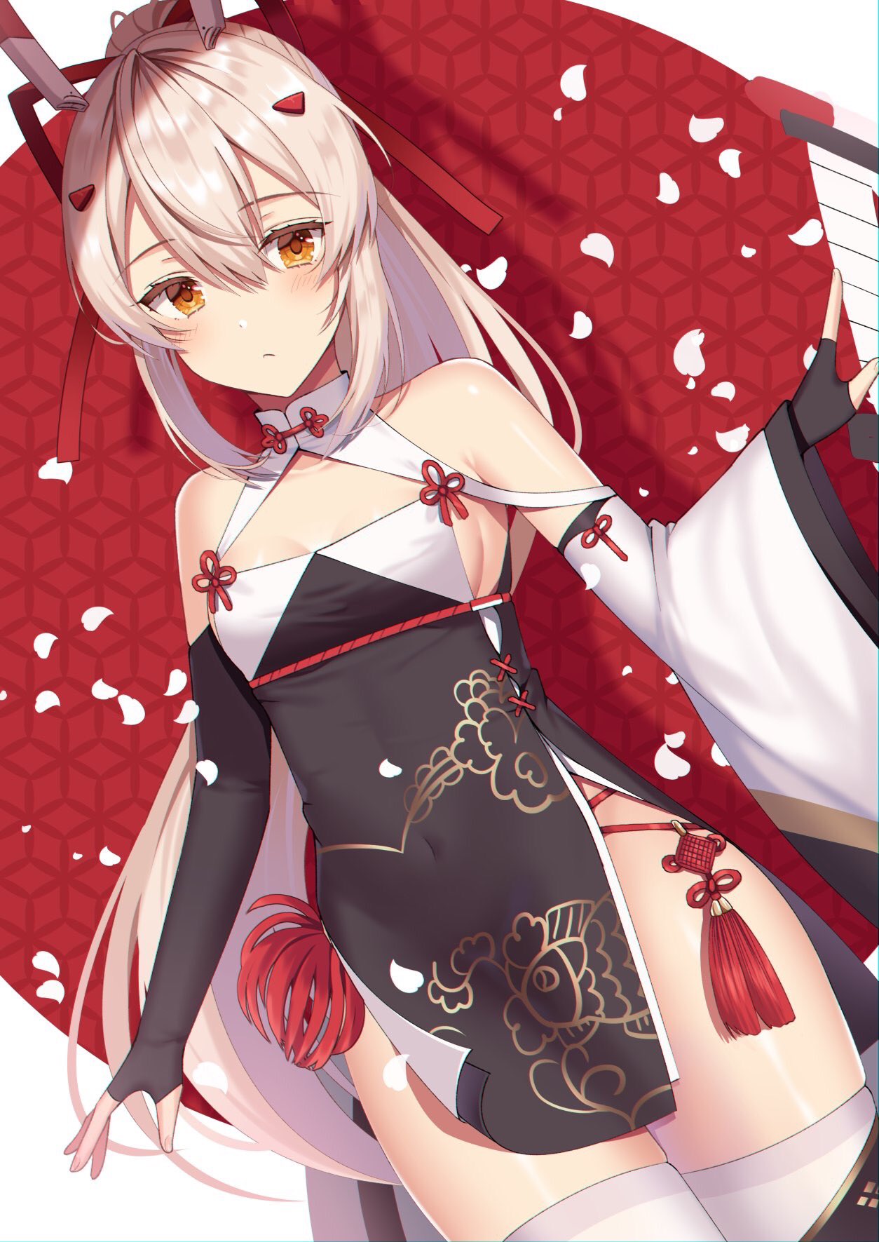 1girl ayanami_(azur_lane) azur_lane black_dress black_gloves breasts cleavage_cutout covered_navel cowboy_shot detached_sleeves dress dutch_angle elbow_gloves expressionless fingerless_gloves gloves hair_between_eyes hair_ornament highres izumo_neru light_brown_hair long_hair looking_at_viewer no_panties pelvic_curtain ponytail short_dress side_slit sidelocks single_detached_sleeve small_breasts solo thigh-highs very_long_hair white_legwear yellow_eyes