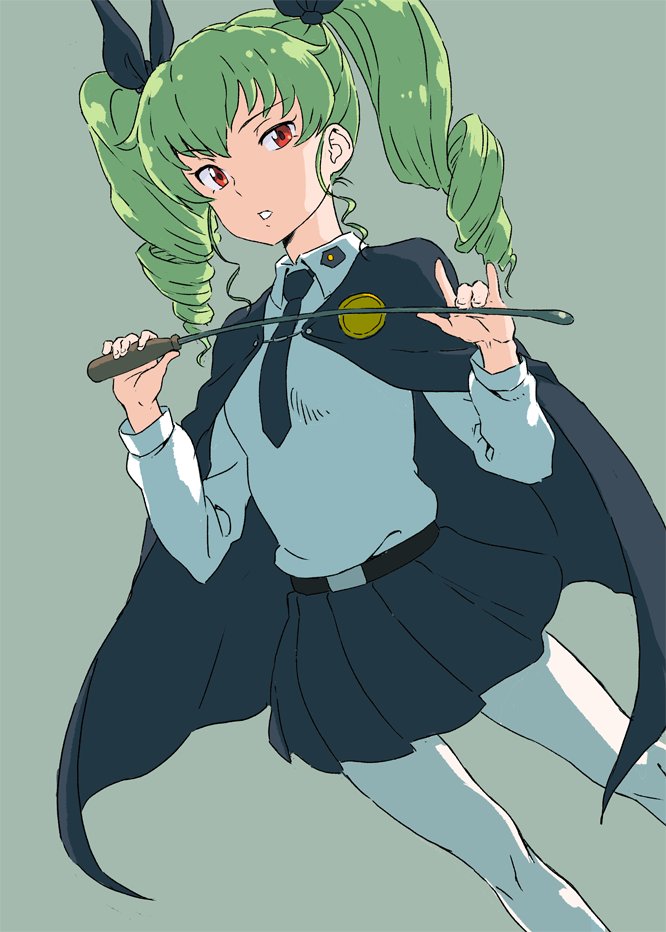 1girl anchovy anzio_school_uniform bangs belt black_belt black_cape black_neckwear black_ribbon black_skirt cape commentary_request cowboy_shot dress_shirt drill_hair dutch_angle eyebrows_visible_through_hair frown girls_und_panzer green_hair grey_background hair_ribbon holding ken-sya long_hair long_sleeves looking_at_viewer miniskirt necktie pantyhose parted_lips pleated_skirt red_eyes ribbon riding_crop school_uniform shirt simple_background skirt solo standing twin_drills twintails white_legwear white_shirt