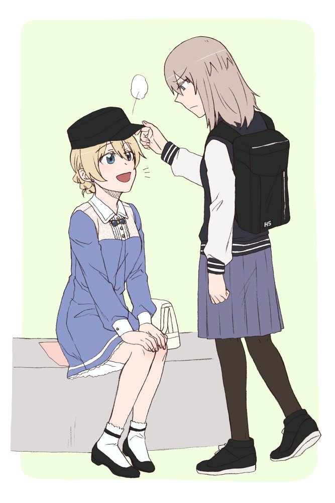 2girls =3 adjusting_another's_clothes backpack bag bangs baseball_cap black_footwear black_hat black_jacket black_legwear blonde_hair blue_dress blue_eyes blue_skirt braid casual closed_mouth collared_dress commentary darjeeling dress eyebrows_visible_through_hair flats frown girls_und_panzer green_background handbag hands_on_own_knees hat itsumi_erika jacket letterman_jacket long_hair long_sleeves looking_at_another medium_dress medium_skirt multiple_girls notice_lines open_mouth pantyhose pleated_skirt shoes short_hair sitting skirt smile standing tied_hair torinone white_legwear