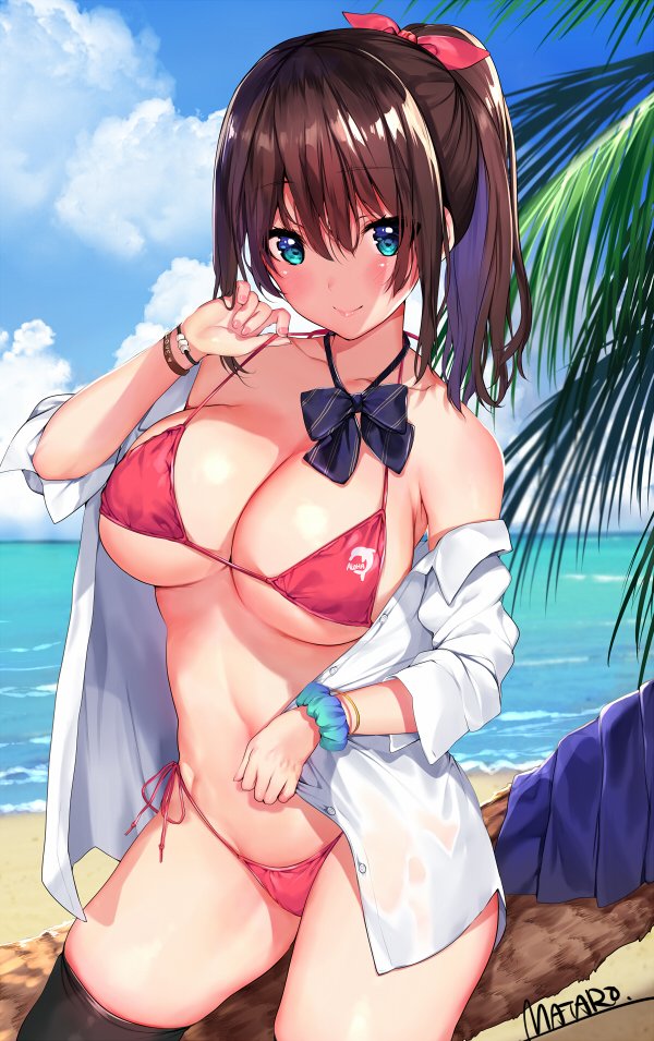 1girl bangs bare_shoulders bikini bikini_top black_legwear blue_eyes blue_sky blush bow bowtie bracelet breasts brown_hair cleavage closed_mouth clouds cloudy_sky collarbone commentary_request contrapposto cowboy_shot day eyebrows_visible_through_hair fingernails groin hair_ribbon hand_up jewelry large_breasts lips looking_at_viewer matarou_(genkai_toppa) medium_breasts navel original outdoors red_ribbon ribbon scrunchie shiny shiny_hair shiny_skin shirt side-tie_bikini sidelocks skindentation sky smile solo stomach swimsuit thigh-highs thighs wet white_shirt wrist_scrunchie