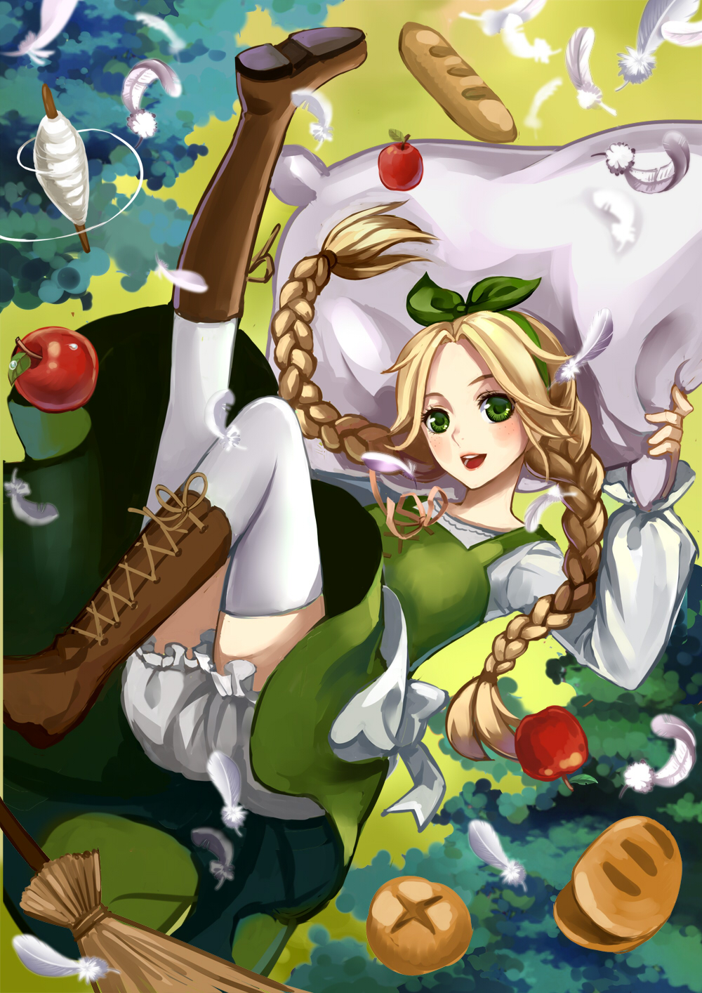 1girl :d apple apron blonde_hair bloomers blush boots braid bread broom brown_footwear feathers food freckles fruit green_eyes green_hairband hairband highres idoko long_sleeves looking_at_viewer marchen monogo open_mouth smile solo sound_horizon spindle thigh-highs tree twin_braids underwear upskirt white_feathers white_legwear