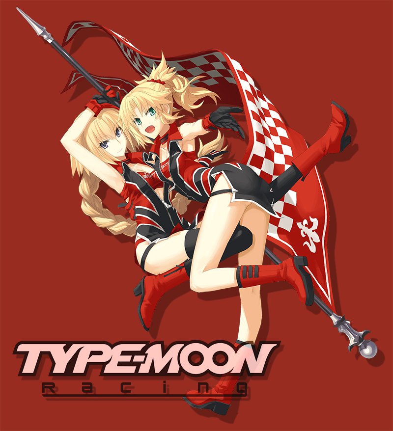 2girls adapted_costume blonde_hair blue_eyes boots braid checkered clothes_writing crop_top fate/apocrypha fate_(series) flag french_braid gloves hair_ornament hair_scrunchie high_heels jeanne_d'arc_(fate) jeanne_d'arc_(fate)_(all) knee_boots konoe_ototsugu long_braid long_hair looking_at_viewer medium_hair mordred_(fate) mordred_(fate)_(all) multiple_girls official_art ponytail racequeen red_gloves red_scrunchie scrunchie single_braid thigh-highs