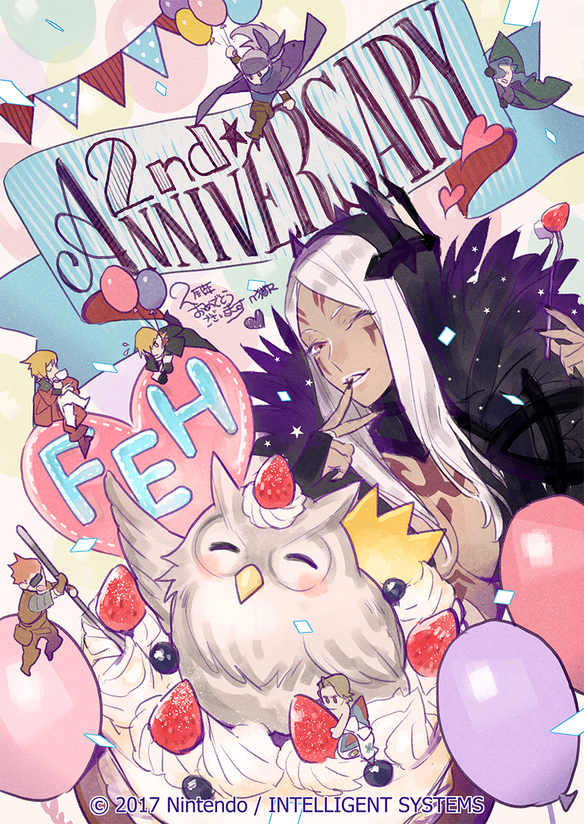 1girl 6+boys aless_(fire_emblem) anniversary balloon bird blonde_hair breasts bridal_gauntlets cake cape cleavage company_name copyright_name dark_skin eltoshan_(fire_emblem) facial_mark father_and_son feather_trim feh_(fire_emblem_heroes) fingernails fire_emblem fire_emblem:_kakusei fire_emblem:_rekka_no_ken fire_emblem:_seisen_no_keifu fire_emblem_echoes:_mou_hitori_no_eiyuuou fire_emblem_heroes fire_emblem_if food fork fruit heart highres holding holding_fork inverse_(fire_emblem) large_breasts legault long_fingernails long_hair marks_(fire_emblem_if) multiple_boys nintendo official_art one_eye_closed owl p-nekor parted_lips redhead savor short_hair signature silver_hair sitting strawberry v valter