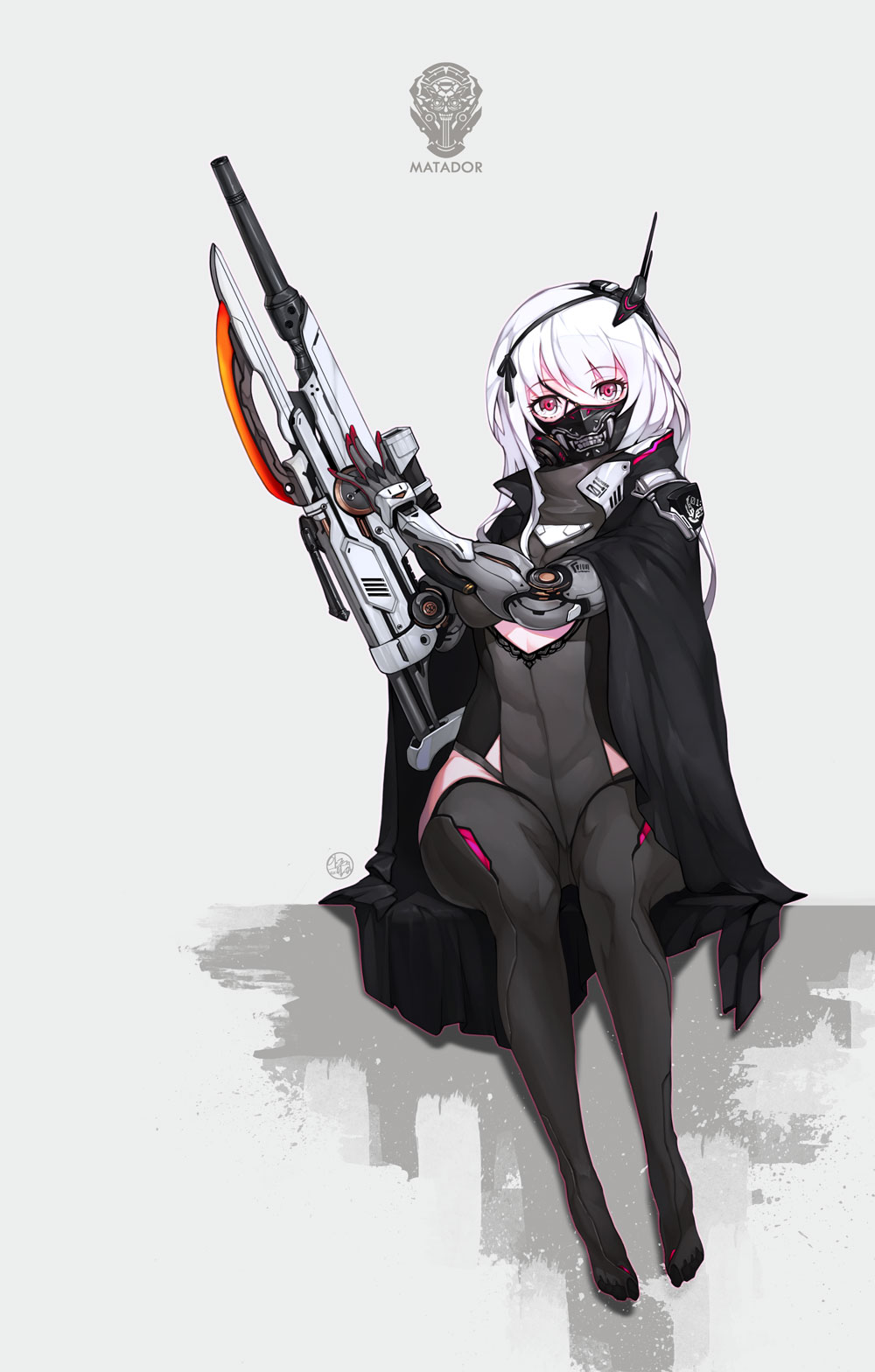 1girl arm_cannon bayonet cloak cyborg dspell eyebrows_visible_through_hair full_body gas_mask grey_background gun headgear high_collar highres long_hair looking_at_viewer original pink_eyes prosthesis prosthetic_arm rifle simple_background sitting solo thigh-highs weapon white_hair wide_hips
