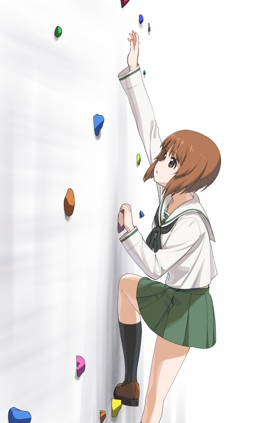 1girl a1 bangs black_legwear black_neckwear blouse brown_eyes brown_footwear brown_hair climbing commentary_request girls_und_panzer green_skirt kneehighs loafers long_sleeves miniskirt neckerchief nishizumi_miho ooarai_school_uniform pleated_skirt rock_climbing school_uniform serafuku shoes short_hair skirt solo wall white_blouse