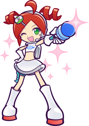 1girl andou_ringo boots character_hair_ornament crop_top crossover eyebrows gloves headset jetpack knee_boots microphone midriff miniskirt official_art open_mouth puyopuyo puyopuyo_quest redhead shiny sleeveless space_channel_5 thigh_strap ulala_(cosplay) white_boots white_gloves white_shirt white_skirt wink